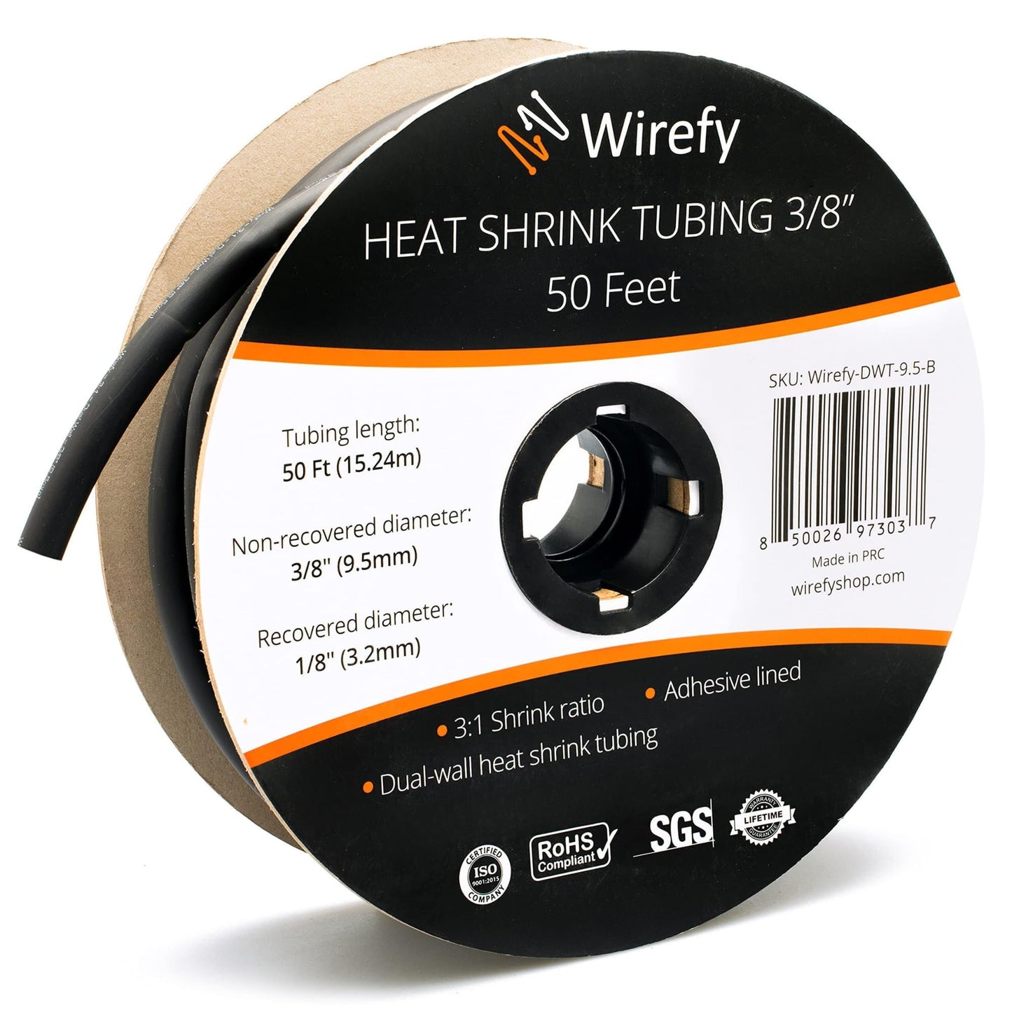 Wirefy 3/8" Heat Shrink Tubing - 3:1 Ratio - Adhesive Lined - Marine Grade Heat Shrink - Black - 50 Feet Roll