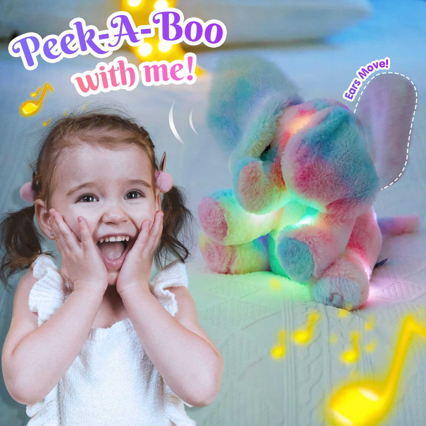 Glow Guards 12’’ Peek-A-Boo Light up Musical Electric Elephant Rainbow Plush Soft Toy Stuffed Animal Lullaby Night Light Interactive Hide and Seek Game Talking Doll Christmas Holiday Birthday Gifts for Toddler Kids