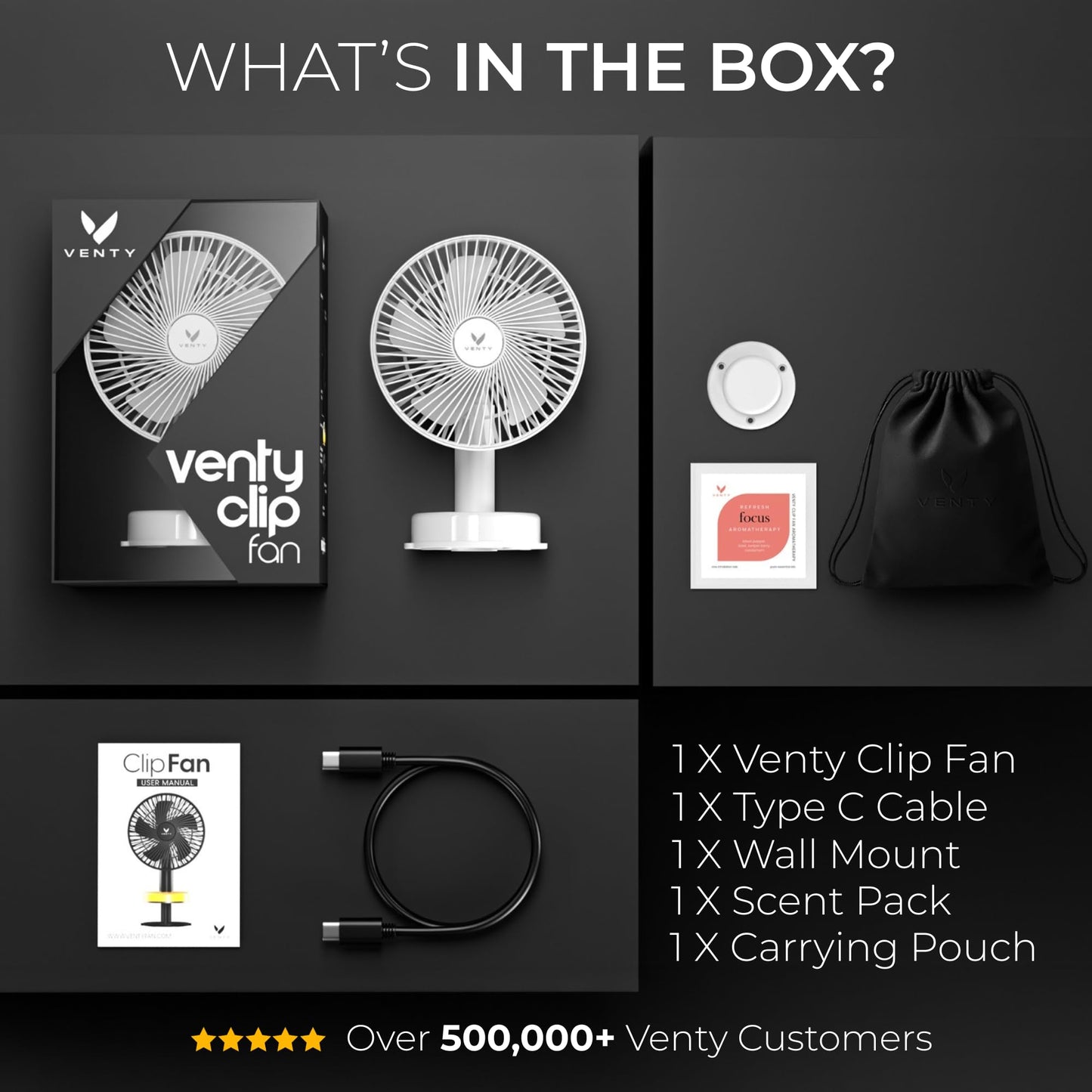VENTY Portable Clip Fan - Rechargeable 10-Hour Battery Portable Fan - 360° Rotation & 90° Tilt - Stroller Fan, Desk Fan or Bedside Fan - Aromatherapy & LED Light - USB-C Cable & Carrying Pouch