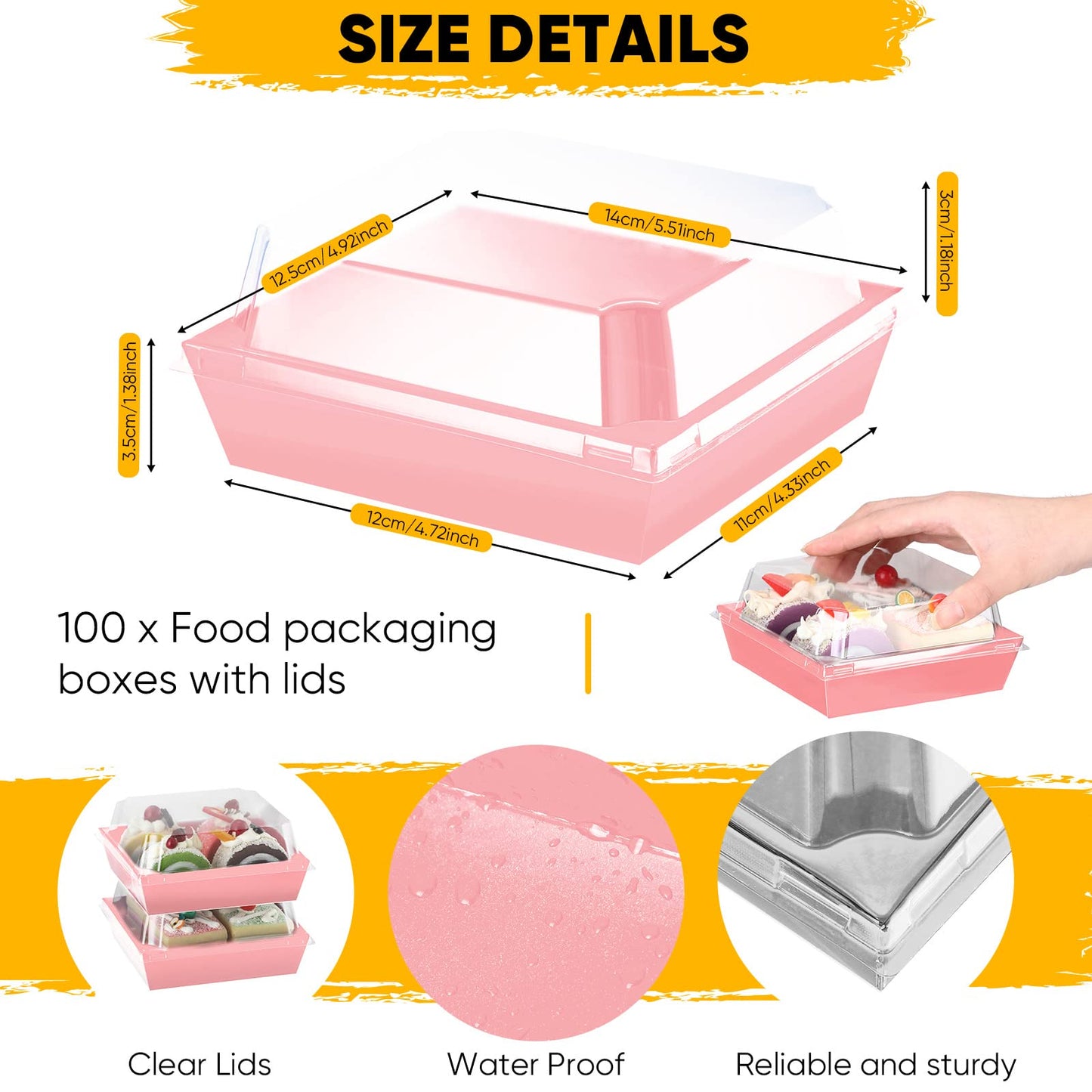 100 Pack Charcuterie Boxes with Clear Lids Valentine‘s Day 5 Inch Cookie Boxes Disposable Cake Case Paper Square Cookie Containers Dessert for Sandwich Slice Cake Hot Cocoa Bombs Strawberries(Pink)