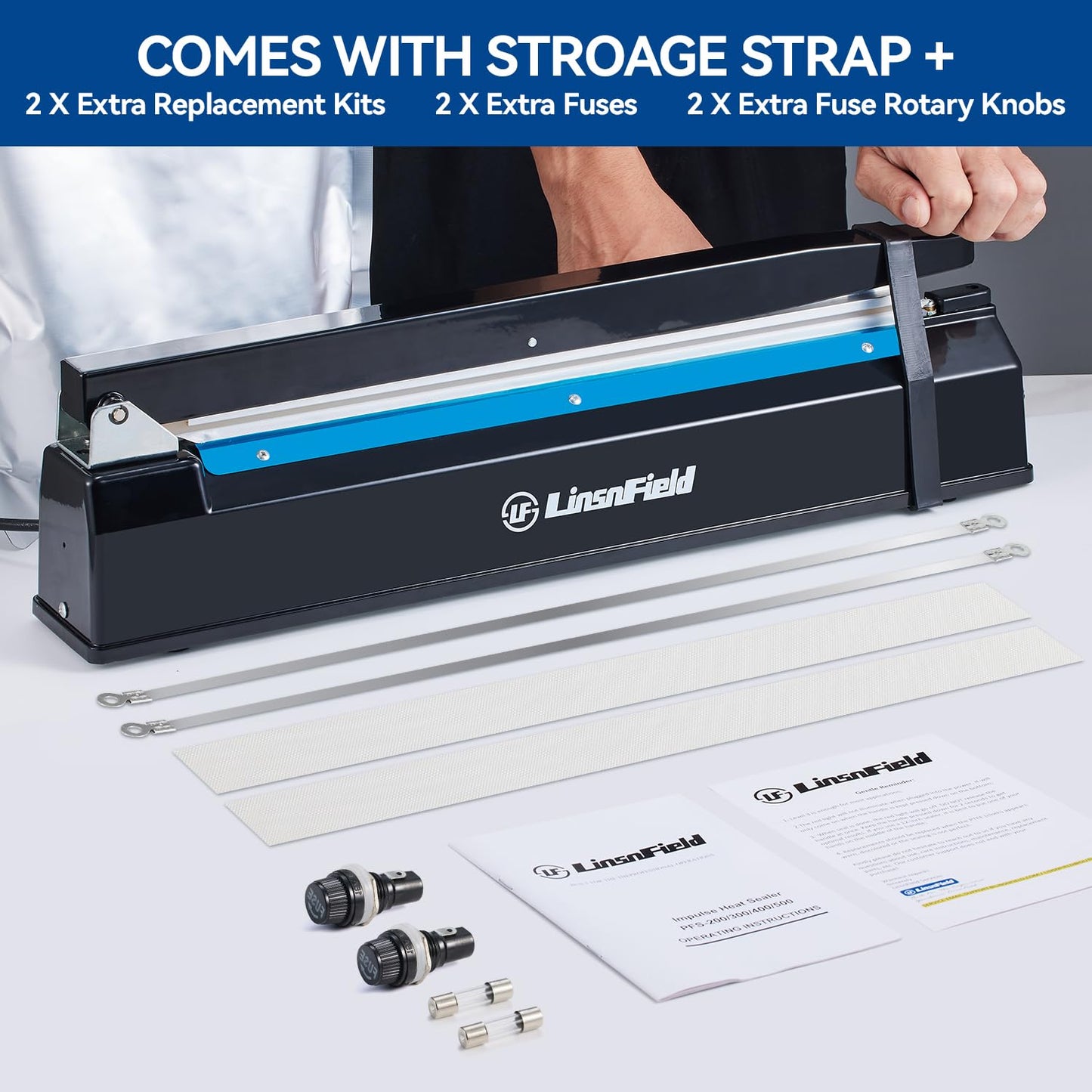 LinsnField Sealer Pro, 12-inch Super Impulse Heat Bag Sealer, 7-mm Sealing System with Patent for Never Burn Out, Antioxidant Aluminium Shield, Copper Transformer, Built-in Fuse Safety System, White