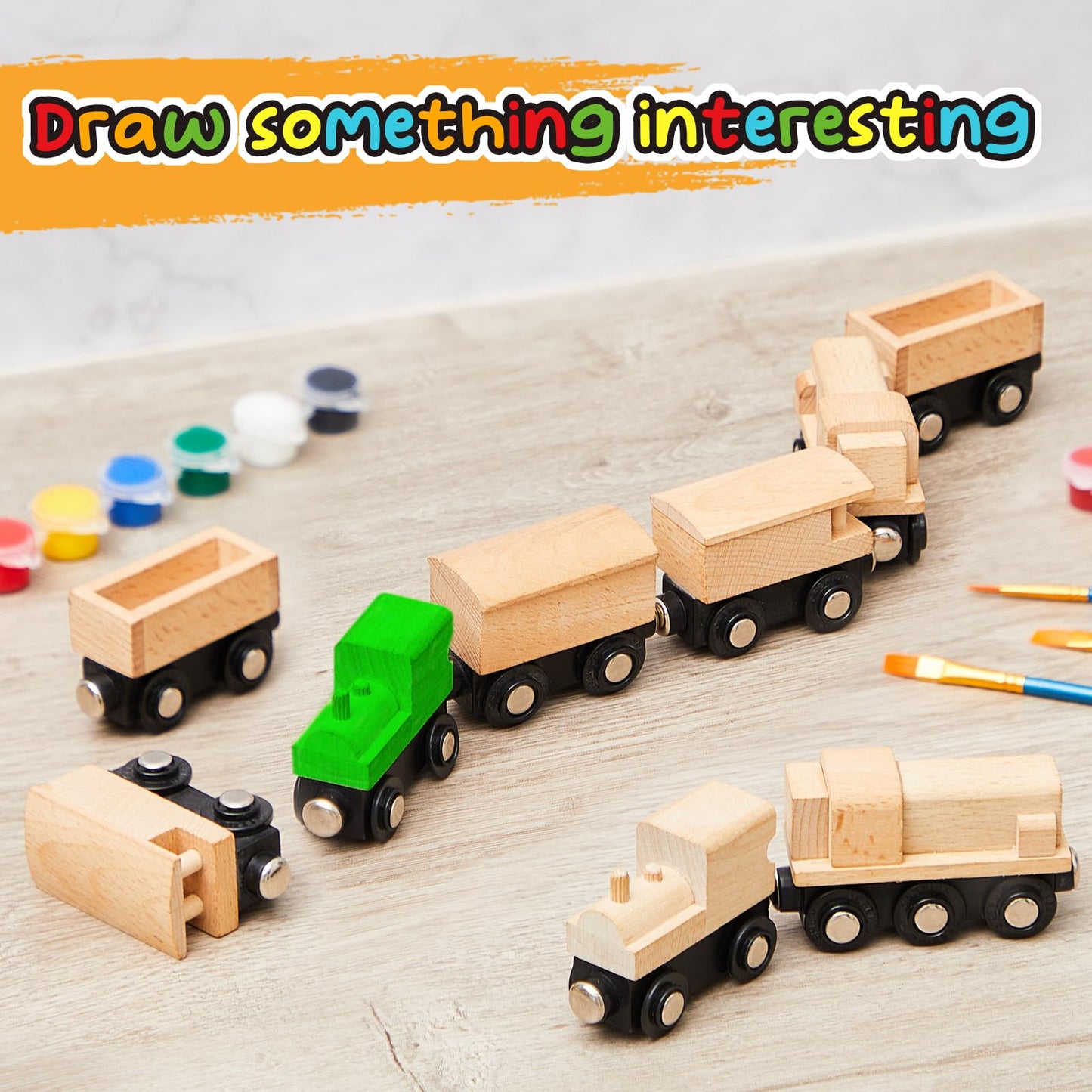 Halloscume 30 Pcs Vivid Unfinished DIY Wooden Trains 5 Styles Unpainted Cars Toys for Railway Paint Project Wood Trains for Birthday Party Theme Decorations Crafts Supplies