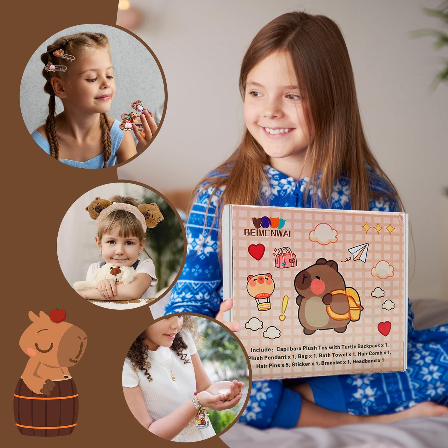 Capybara Plush Gifts for Girls 4 5 6 7 8 9 10+ Years Old, Kids Cute Capybara Toys with Stuffed Animal/Keychain/Bag/Bath Towel/Hair Pins/Bracelet/Headband, Christmas Birthday Plush Toys Set