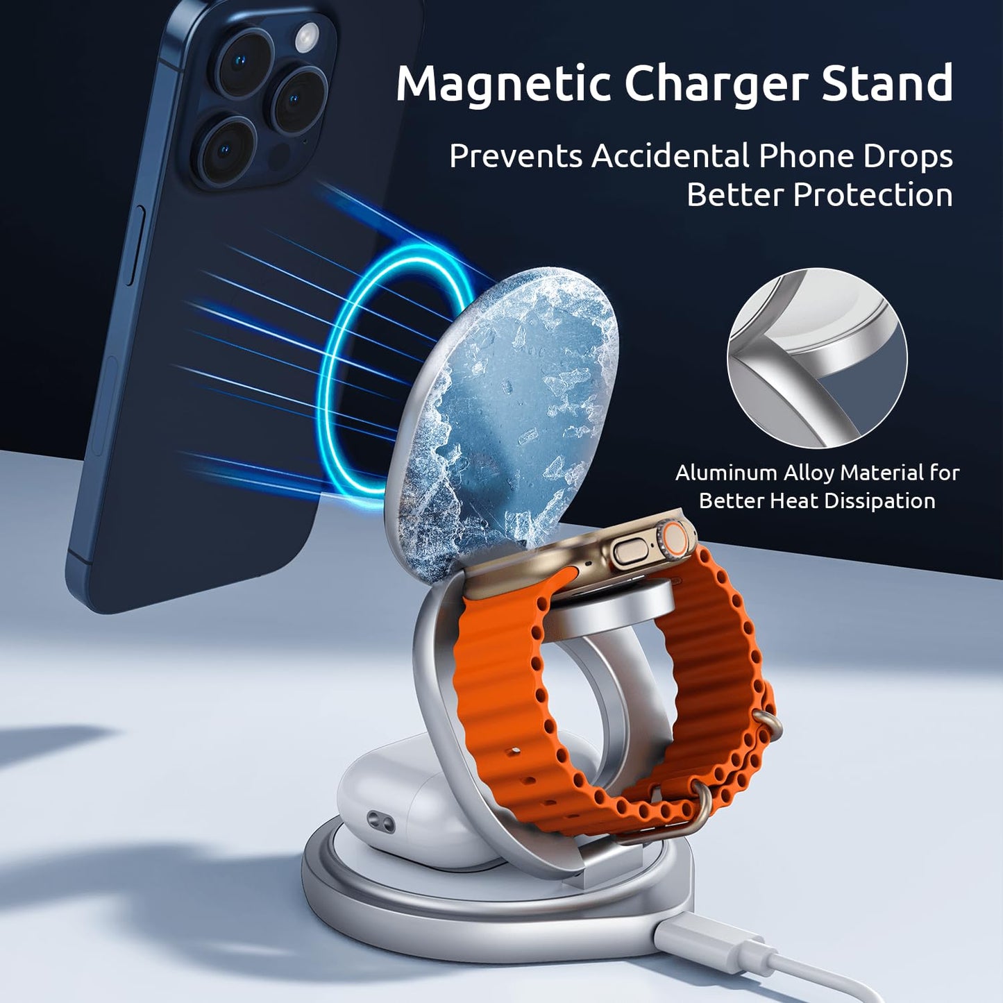 3 in 1 Charging Station for Apple Magsafe Travel Charger for Multiple Devices Aluminum Foldable Magnetic Wireless Charger with 360 Rotating for iPhone 16/15/14/13/12 Series,for iWatch,for Airpods