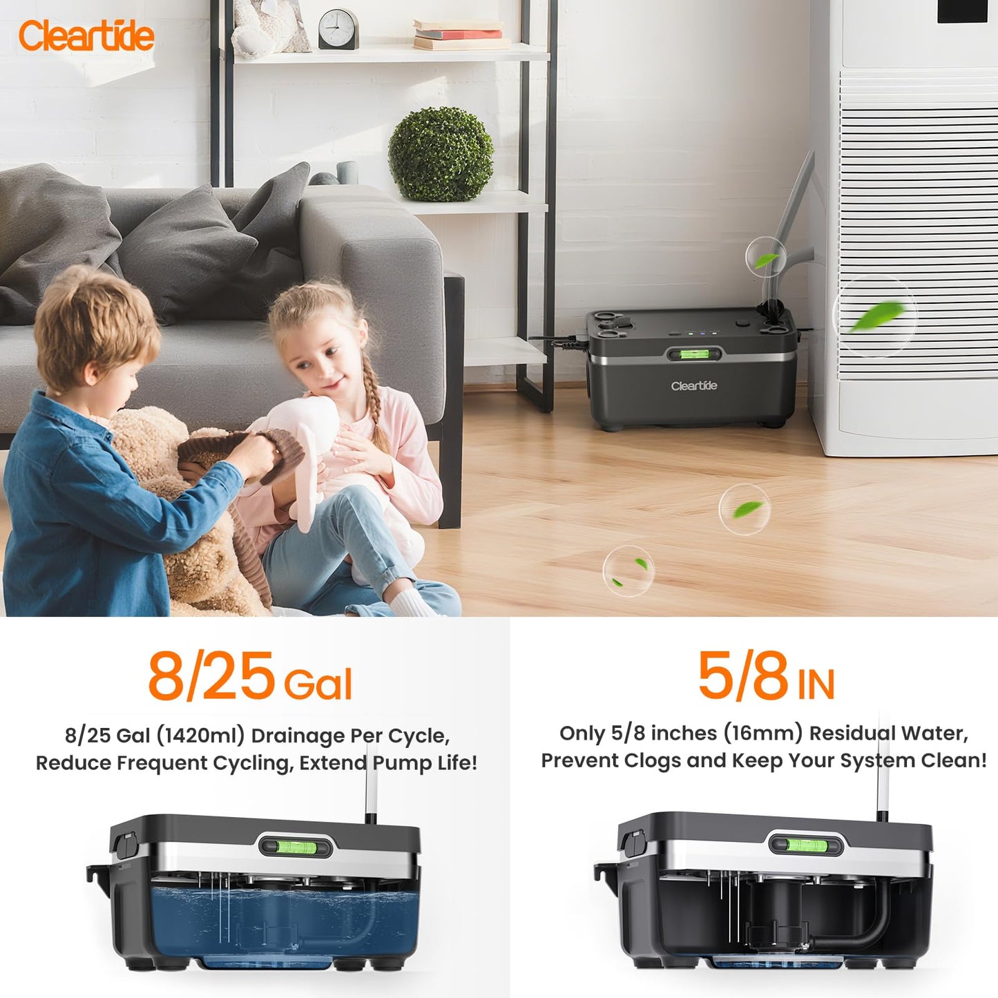 Cleartide Condensate HVAC Pump, Ultra-Quiet 25dB, 1/50 HP 115 GPH, Automatic Condensate Removal Pump with Safety Switch for Air Conditioner/Furnace/Dehumidifier, 100-240V, 23.6ft Head Height