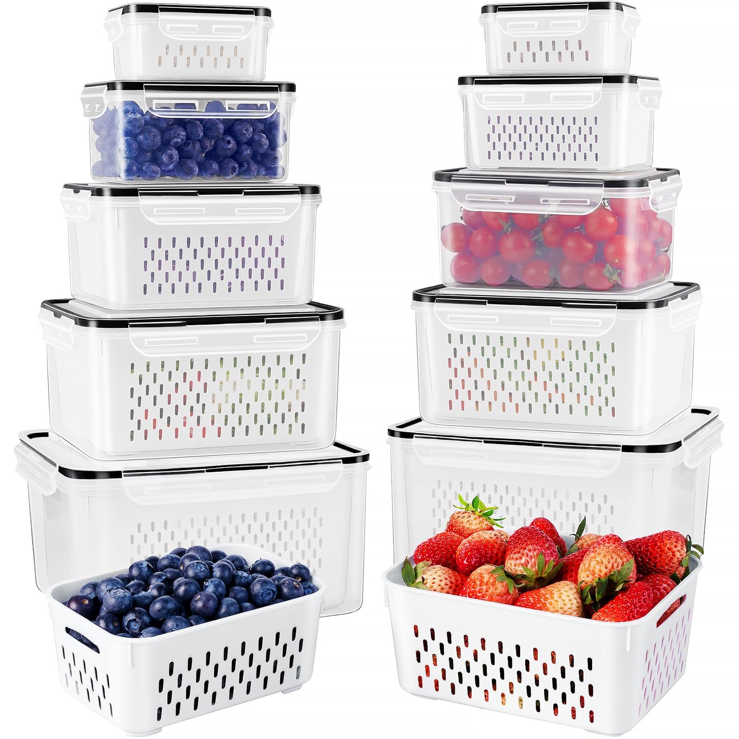 Freshmage Fruit Storage Containers for Fridge with Removable Colander, Airtight Food Storage Container, Dishwasher Safe Produce Saver for Refrigerator, Keep Berry Fruit Fresh Longer 10 pcs Large Clear