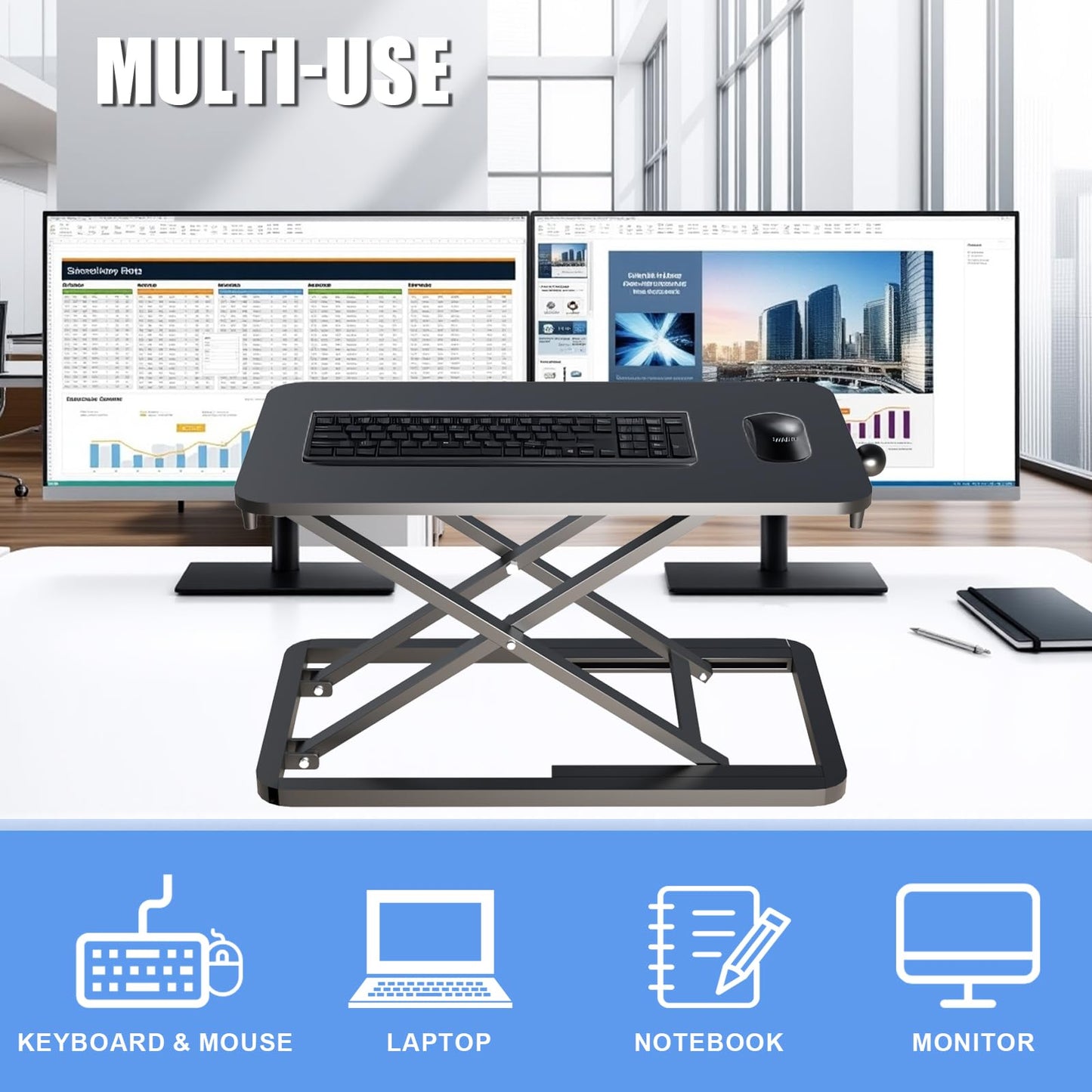 ESpefy Keyboard Riser for Desk- 23.6’‘ Height Adjustable Standing Desk Converter, Table Lifter for Standing, Keyboard and Mouse Riser for Ergonomic Sit Stand Workstations, 6 Height Levels