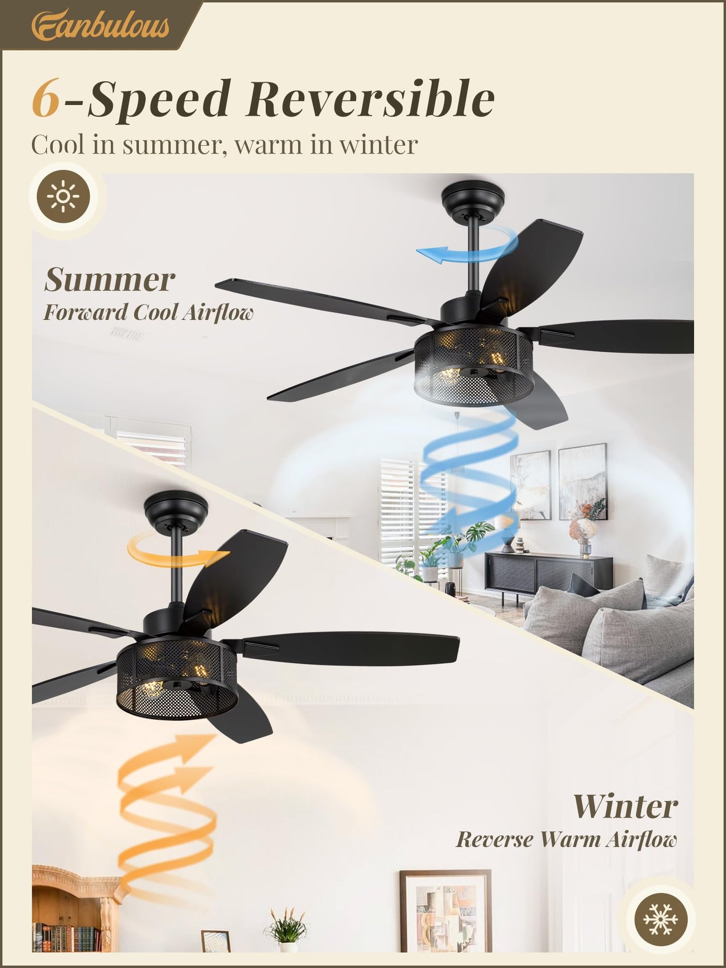 52 Inch Farmhouse Ceiling Fan with Light and Remote, Black Industrial Caged Ceiling Fans Flush Mount, 5 Dual Finish Blades, 6-Speed Reversible Quiet DC Motor, Rustic Design for Bedroom, Living Room