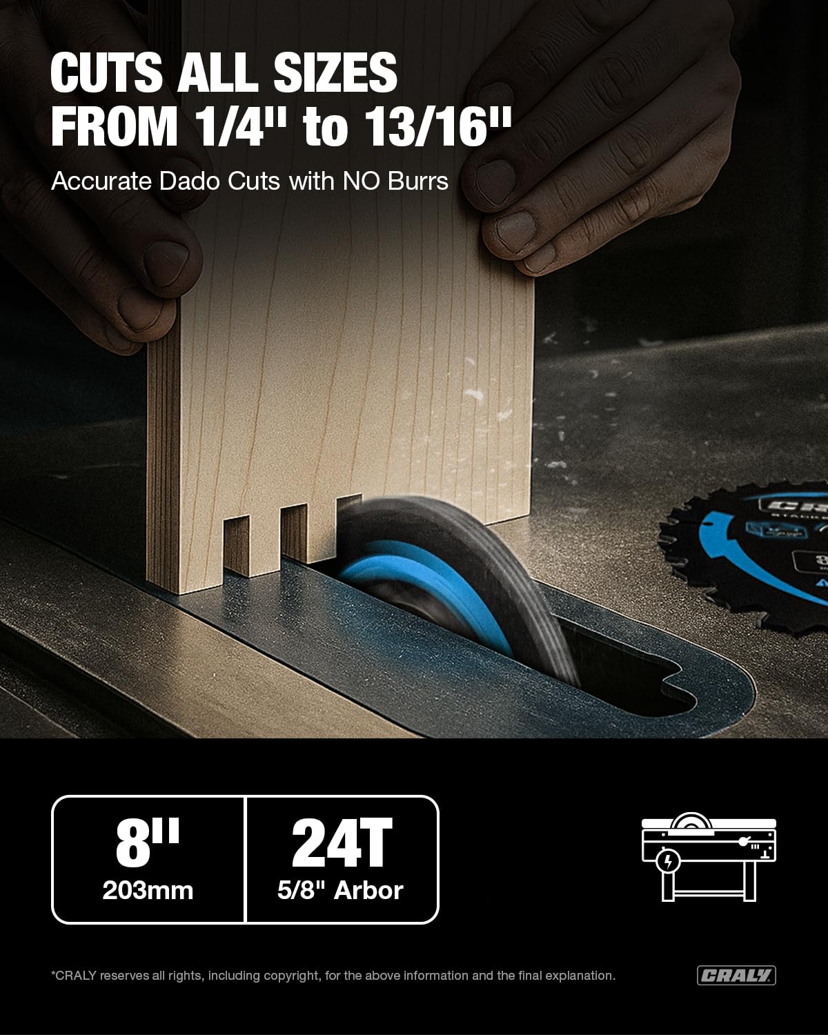 CRALY 8 Inch Carbide Stacked Dado Blade Set, 24 Teeth with 5/8 Inch Arbor, Black Ice Coating, Adjustable Cutting Sizes for Wood Cutting Table Saw(DADO203-7)