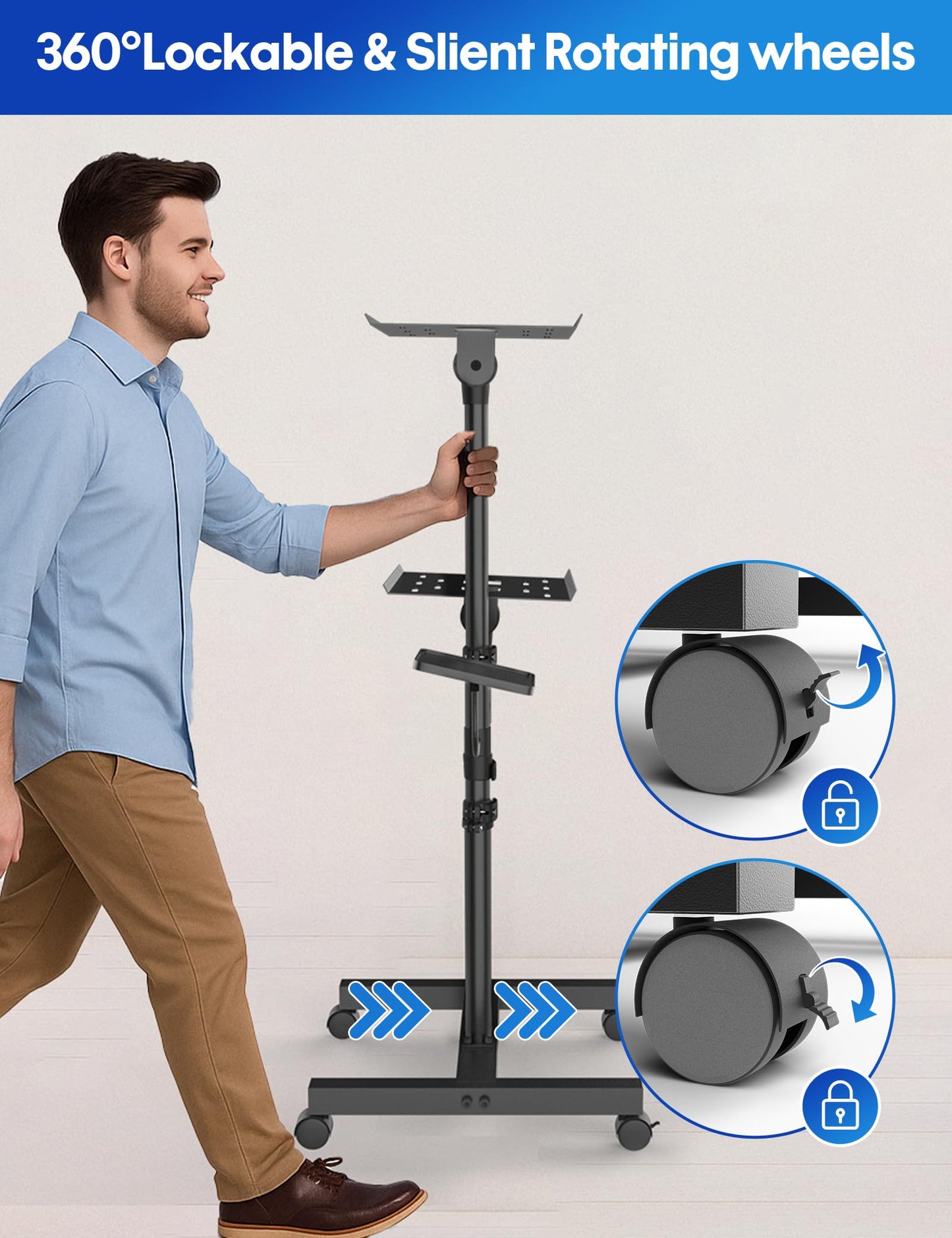 ORWOD Projector and Laptop Stand Tripod, 2 Shelves Mobile Laptop Tripod Stand, Max 47" Height Adjustable Laptop Cart on Wheels, Projector Floor Stand with Ventilated Tray for Podium, Meeting, Couch