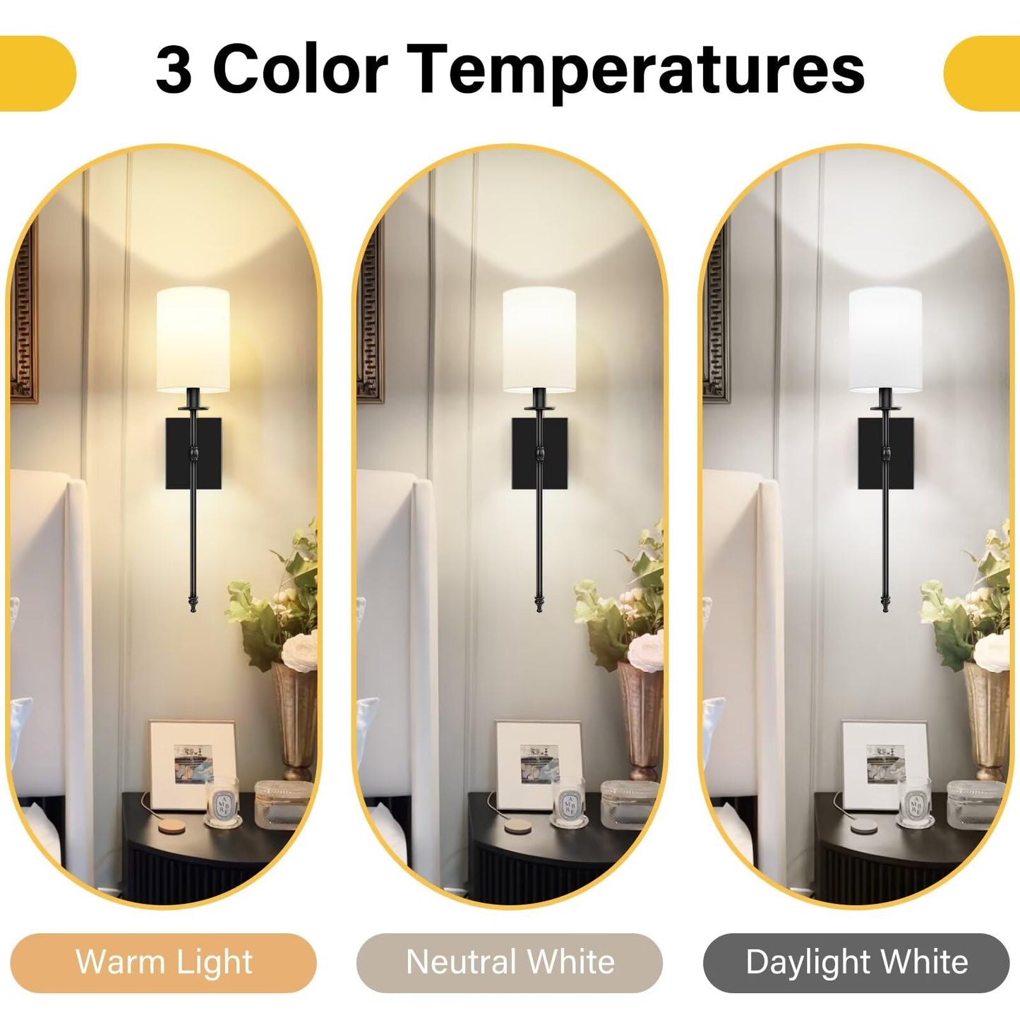 24.8 Inch Black Battery Operated Wall Sconces Set of 2, Rechargeable Wireless Wall Lights with Remote & White Fabric Shade, Indoor Not Hardwired Dimmable Wall Lamps for Bedroom, 2 Bulbs Included