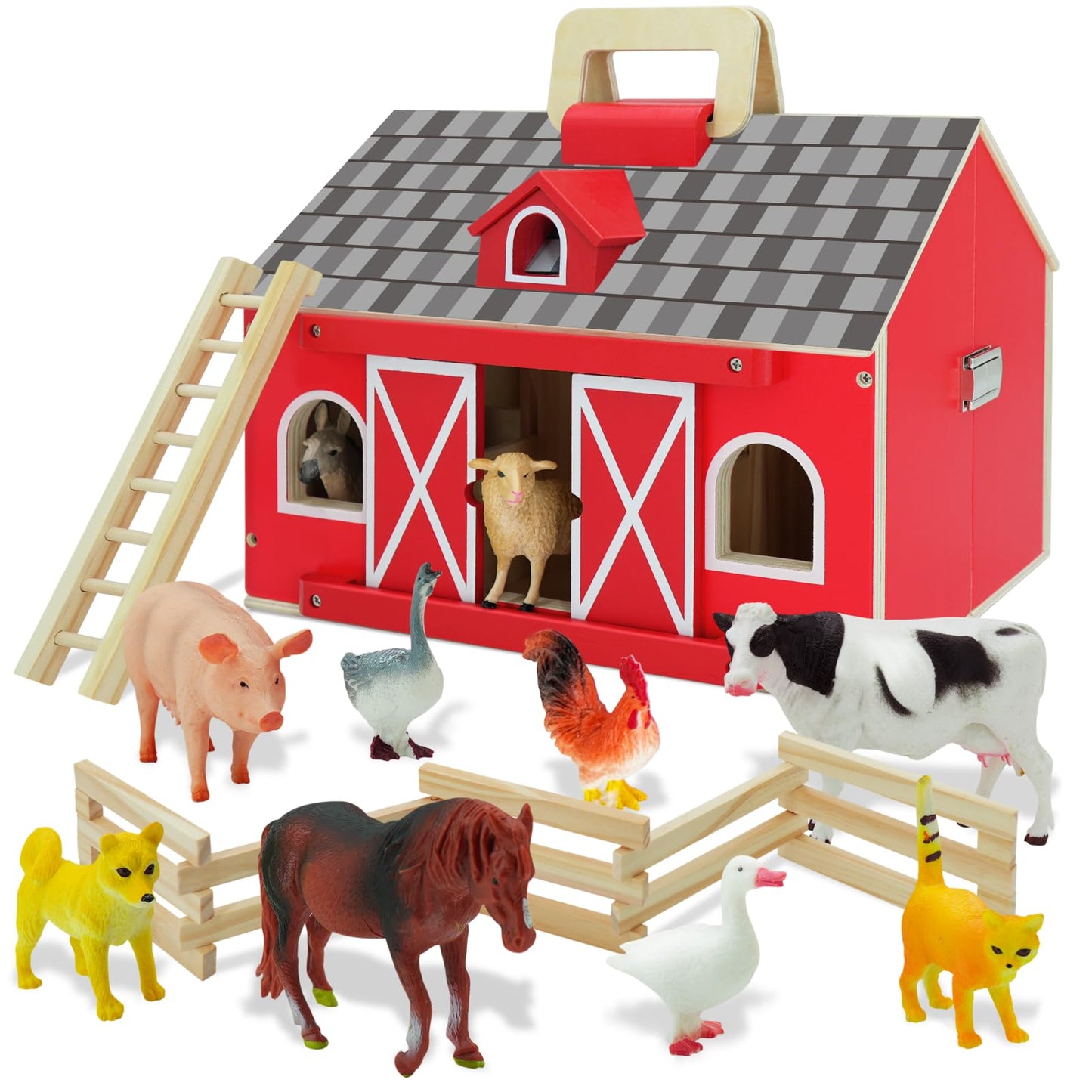 SIMPLIPLAY Farm Animal Toys with Portable Large Wooden Barn for Kids 3+ Years Old, 10 PCS Farm Animal Figures for Boys, Girls, Animal Lovers, Ideal Gift for Kids Toddlers, Improve Fine Motor Skills