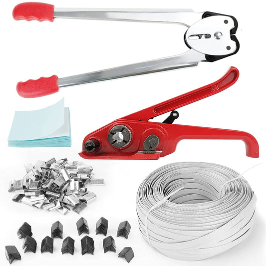 Box Packing Strapping Tool, Manual Sealer Heavy Duty Poly Strapping Tensioner Cutter Tool Kits for 1/2"-3/4" Wide Strap with 328ft Straps & 100 Buckles 50 Label 100 Edge Protectors