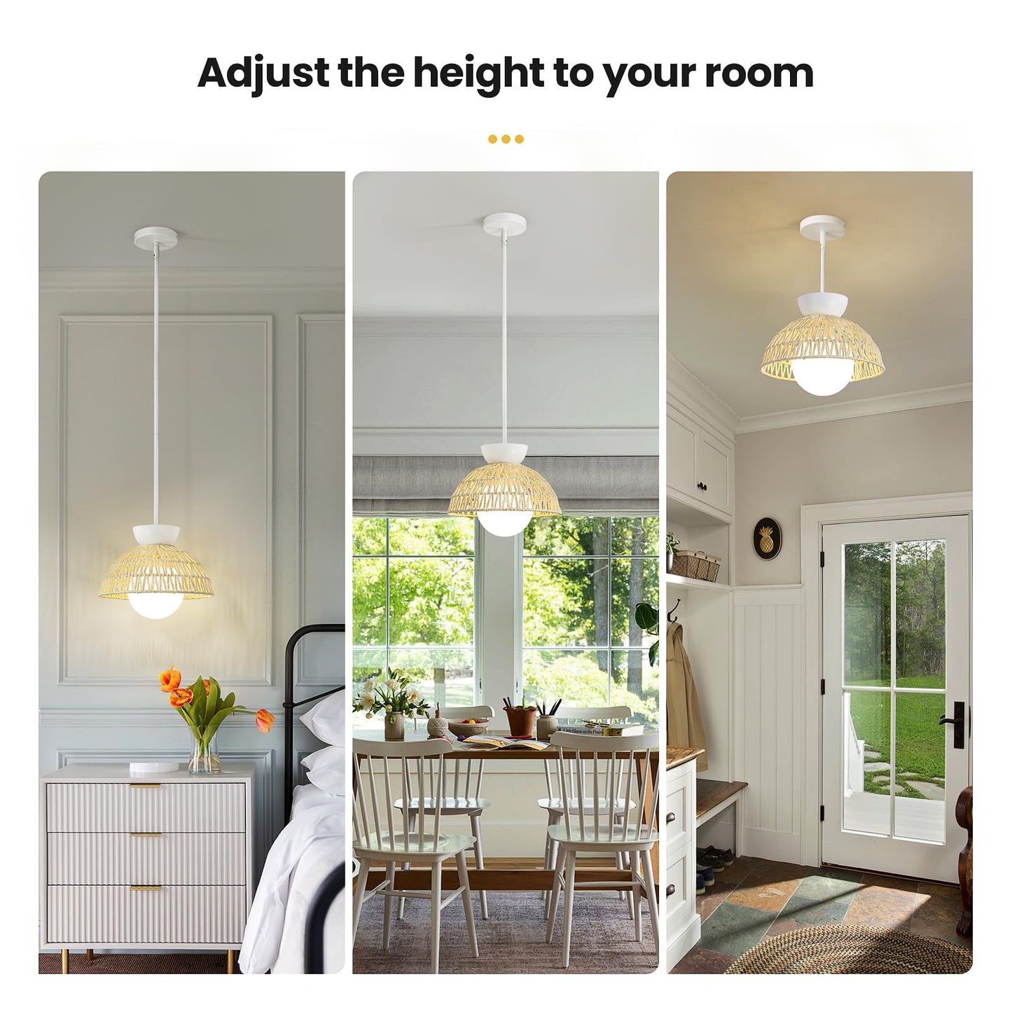 Pendant Light Kitchen Island - 11.8" Rattan Dining Room Light Fixtures over Table Hand-Woven Boho Pendant Light Fixtures with Milk Glass Globe, Adjustable Hanging Light for Bedroom Entryway Foyer