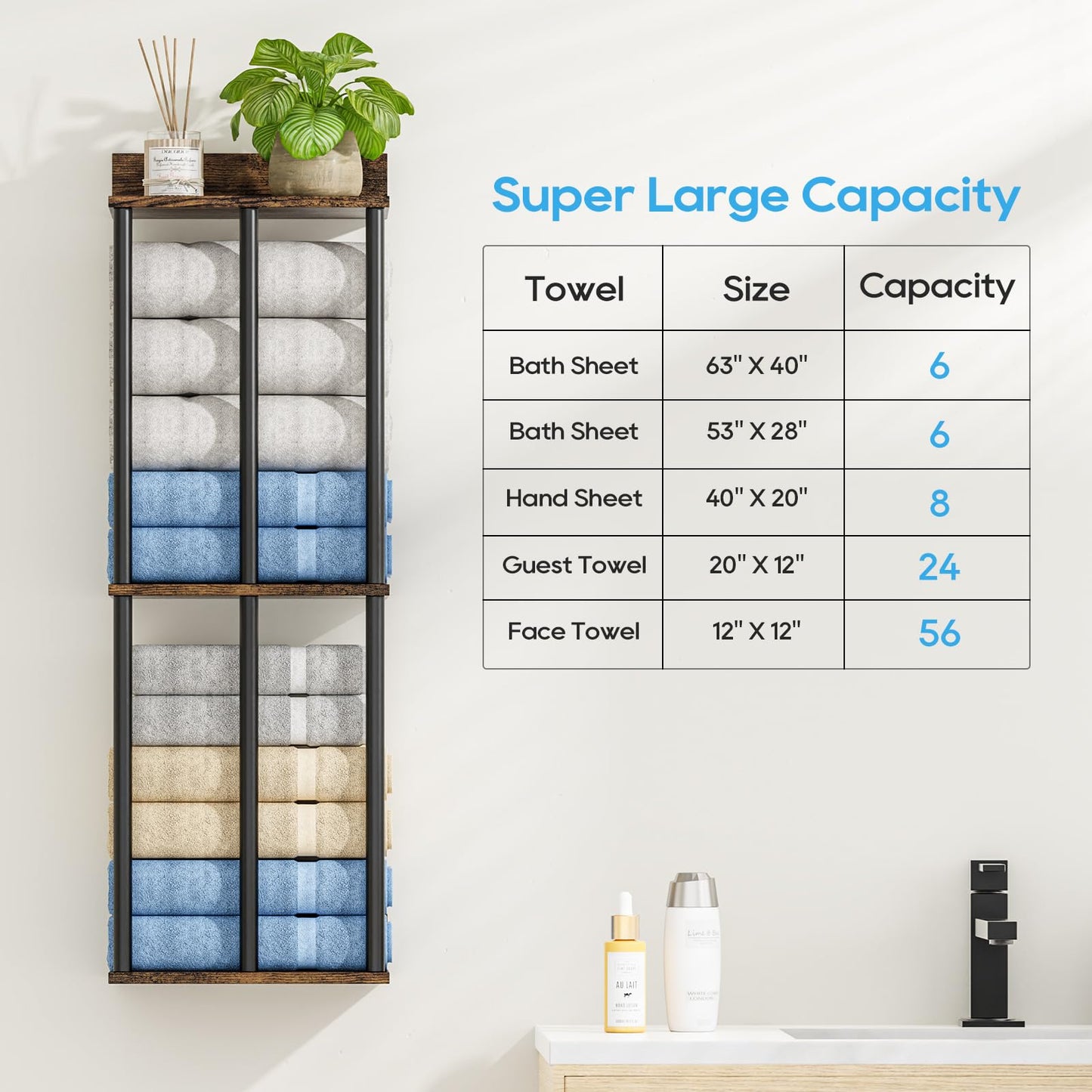 WeGXY Towel Racks for Bathroom Wall Mounted with Wooden Storage Shelf, Updated 3 Bar Metal Towel Holder for Rolled Towels, Sturdy and Large Capacity, Towel Storage Organizer