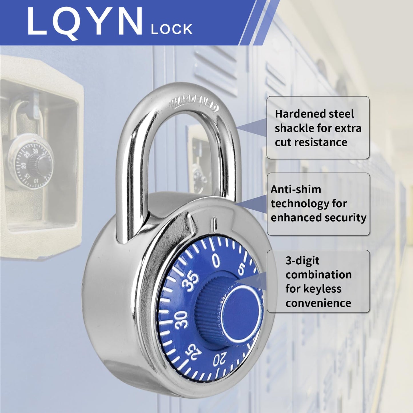 Combination Lock, LQYN Standard Dial Combination Lock, Pack of 24; Blue Turnplate, 2 in. Wide, Fixed Three Digital Combination, for School, Gym & Locker, Toolbox, Gate