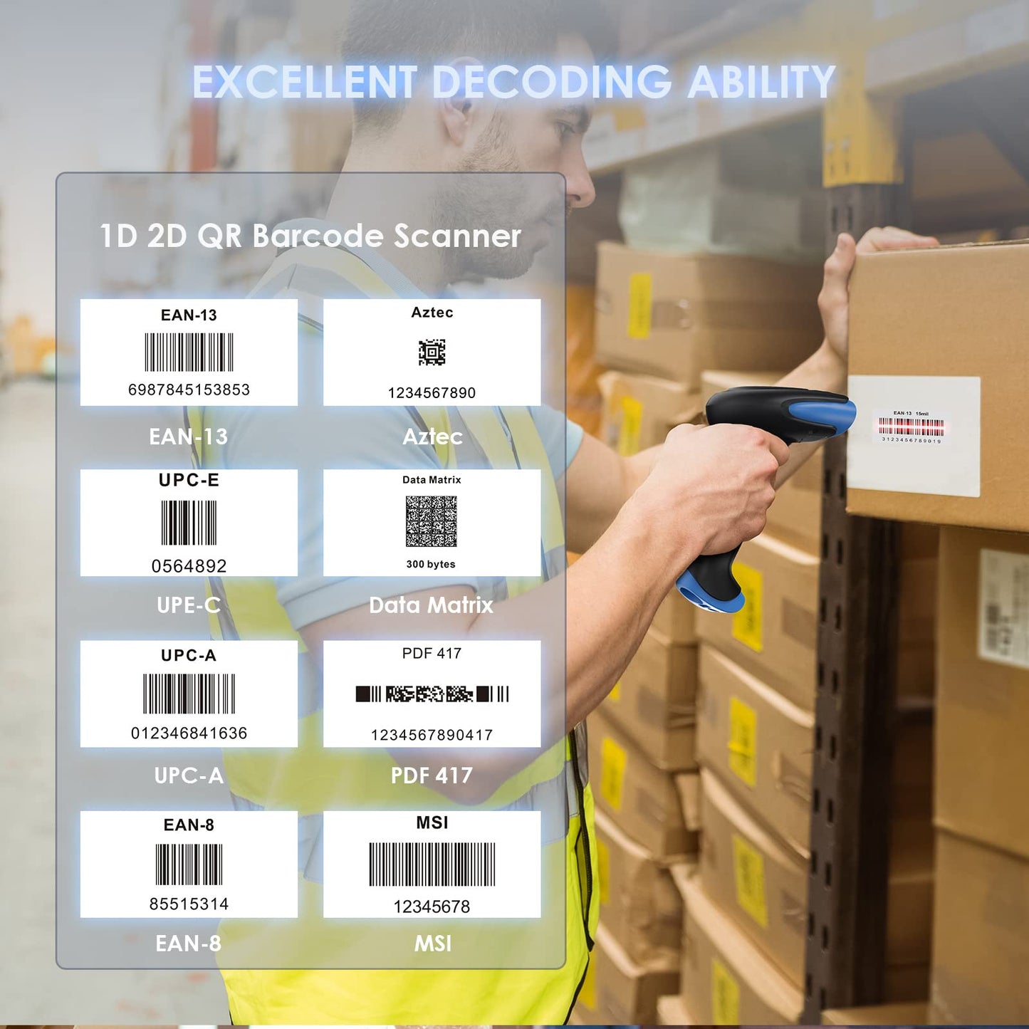 Eyoyo 1D 2D Barcode Scanner Wireless, Bluetooth 2500mAh Handheld Cordless USB Wired QR Bar Code Reader for Library, Warehouse Inventory Compatible with iPad, Android Phone, iPhone, Laptop