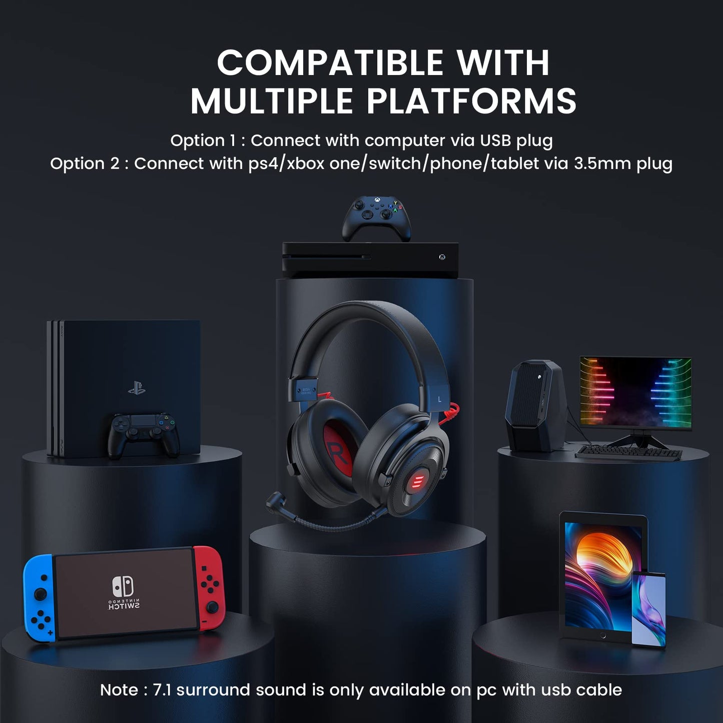 EKSA E900 Pro USB Gaming Headset for PC - Computer Headset with Detachable Noise Cancelling Mic, 7.1 Surround Sound, 50MM Driver - Headphones with Microphone for PS4/PS5, Xbox One, Laptop, Office