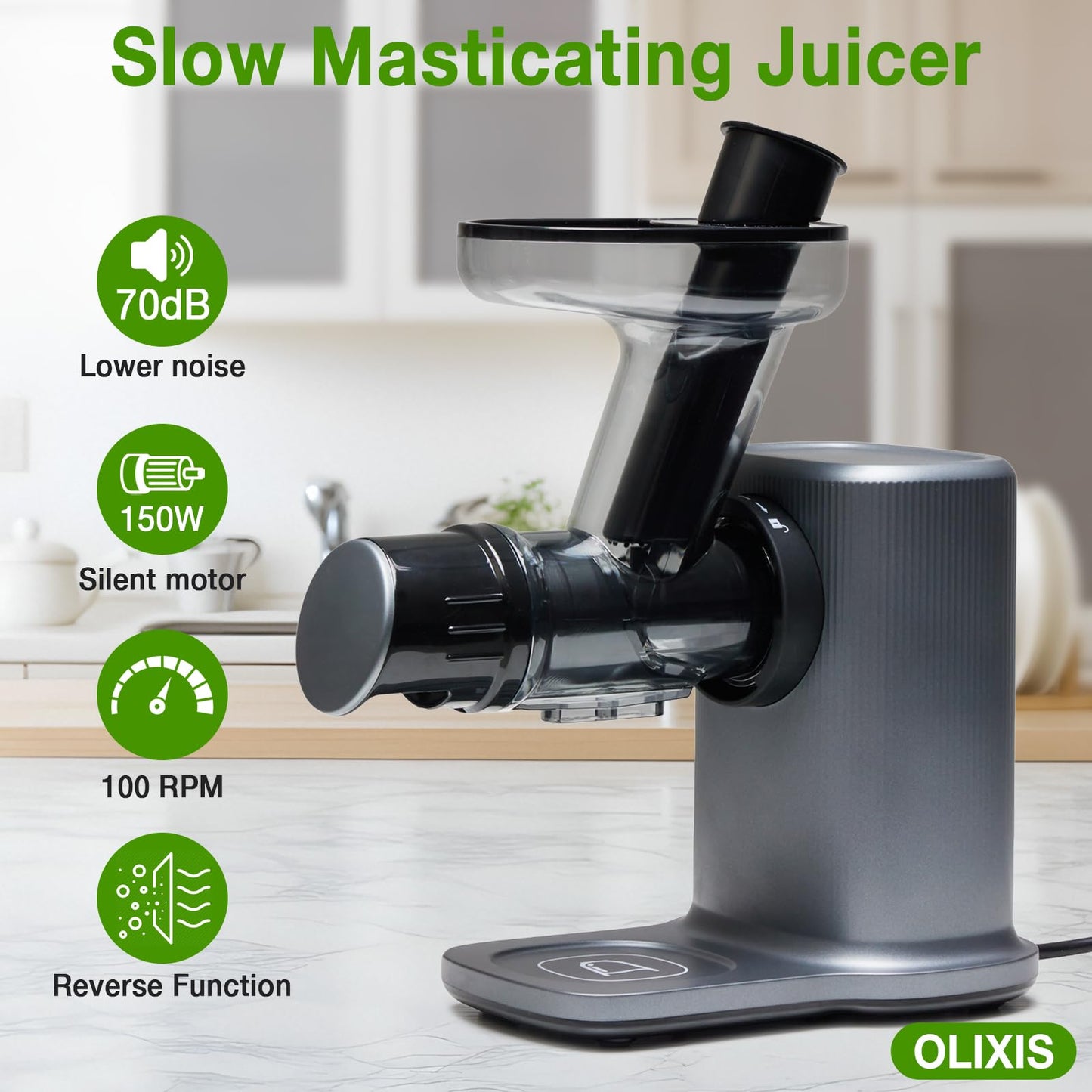 OLIXIS Cold Press Juicer, Slow Masticating Juicer Machines with Extra Wide Feed Chute, High Juice Yield and Easy to Clean for Whole Vegetables & Fruits, Silver