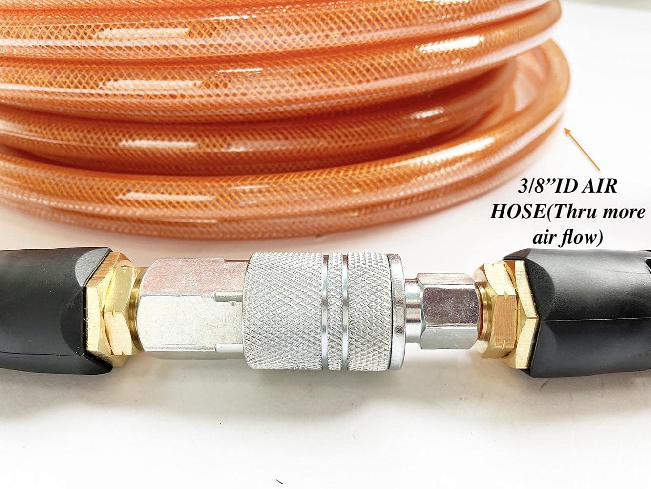 SANFU Polyurethane(PU) Reinforced 3/8”ID x 100ft Air Hose, 300PSI Wear Resistant With 3/8” Reassembled Industrial Quick Coupler and Plug, Bend Restrictor, Brown(100’)