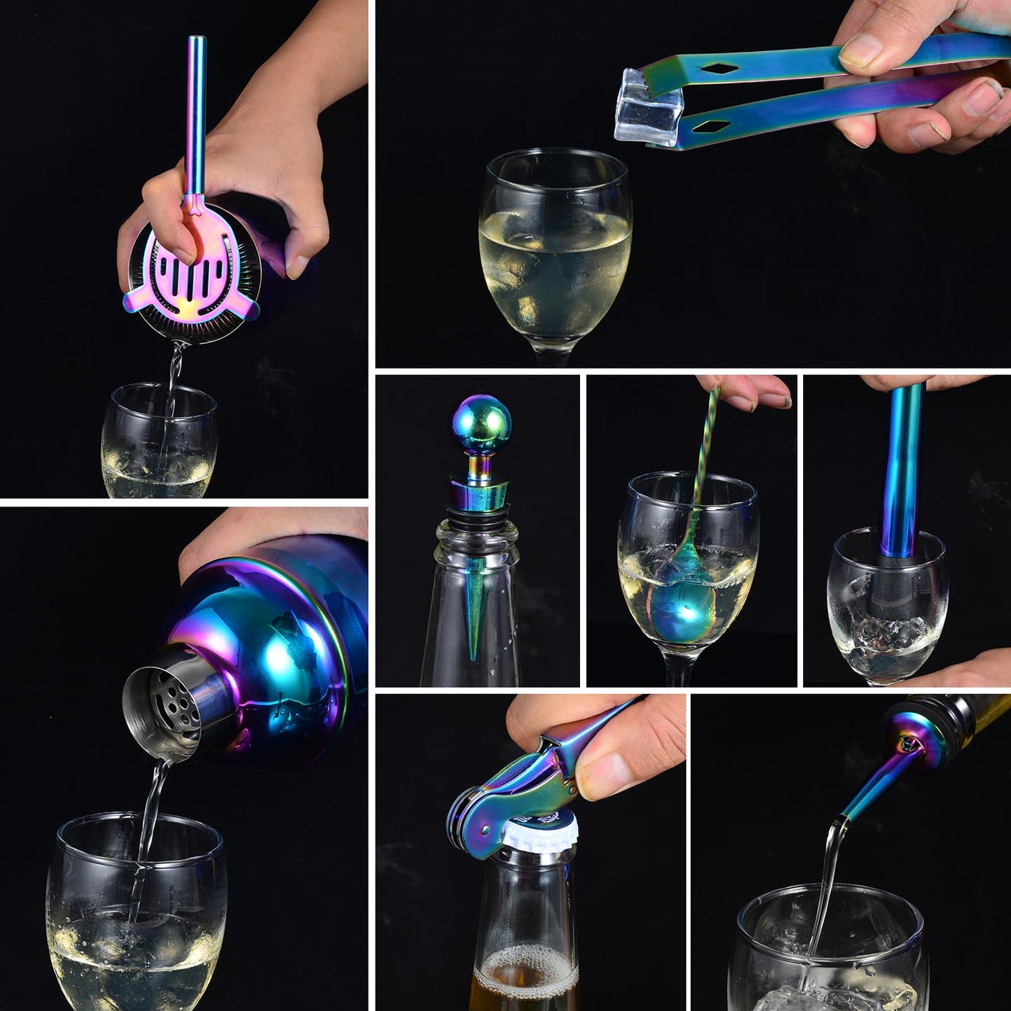 Safring Bartender Kit with Stand, 12-Piece Bar Set | 24oz Cocktail Shaker Set for Drink Mixing, Martini Shaker Set with Bar Tools, Recipes Booklet | Fun Housewarming Gift (Rainbow)
