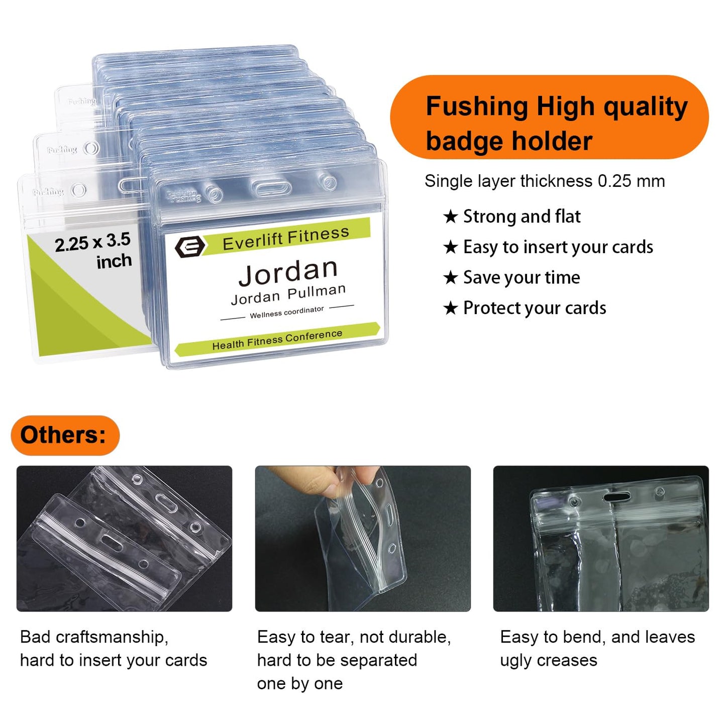 Fushing 300 Pcs Clear Plastic Horizontal Name Tag Badge ID Card Holders