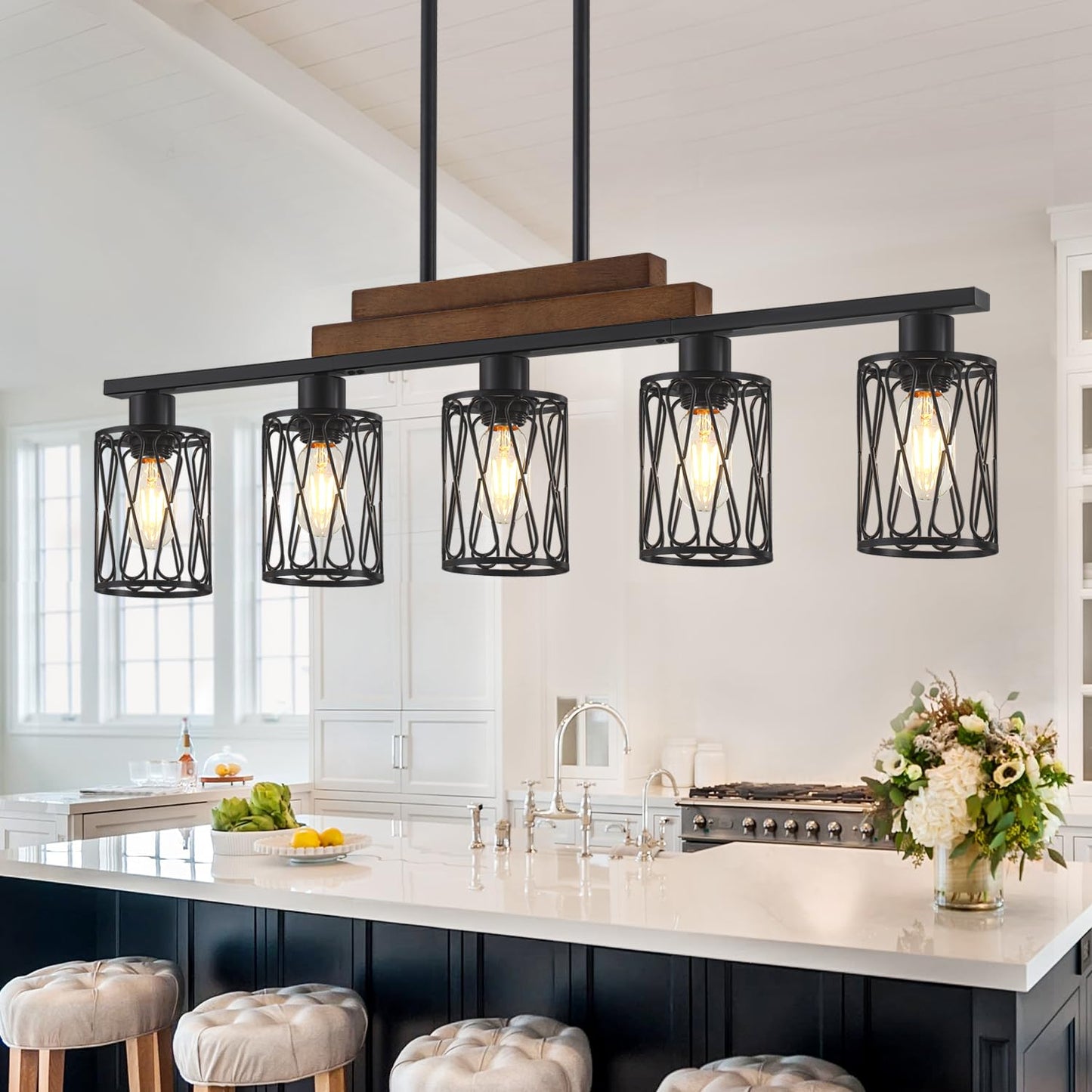 36.61'' Dining Room Light Fixtures Over Table,5-Light Farmhouse Kitchen Island Lighting Hanging with Metal Shade,Matte Black Rustic Wood Linear Pendant Island Light Fixtures for Dining Room Kitchen