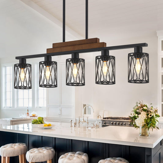 36.61'' Dining Room Light Fixtures Over Table,5-Light Farmhouse Kitchen Island Lighting Hanging with Metal Shade,Matte Black Rustic Wood Linear Pendant Island Light Fixtures for Dining Room Kitchen
