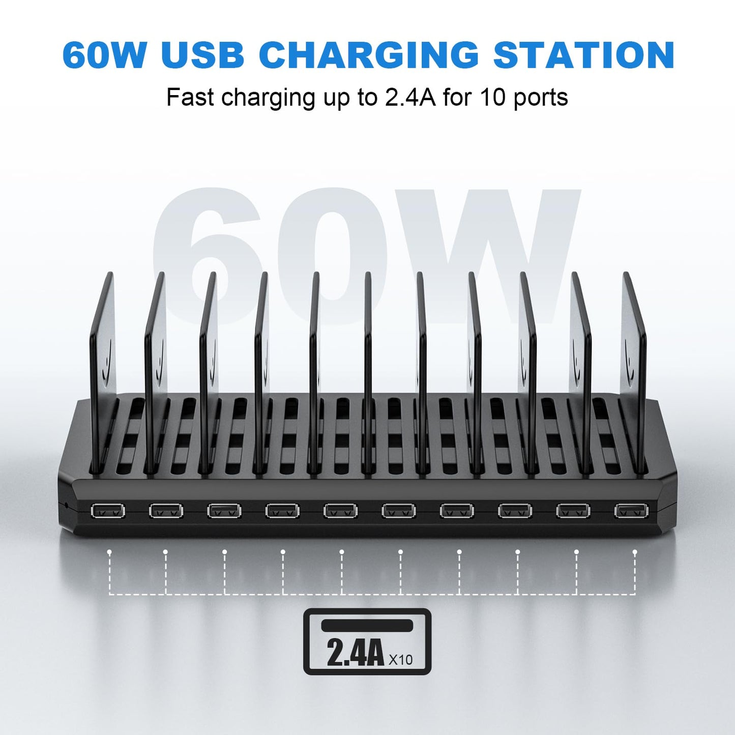 Charging Station for Multiple Devices, Cinlinso 60W 10 Port USB Fast Charging Station with Adjustable Dividers, Compatible with iPhone, iPad, Tablets and Cell Phone (Black)