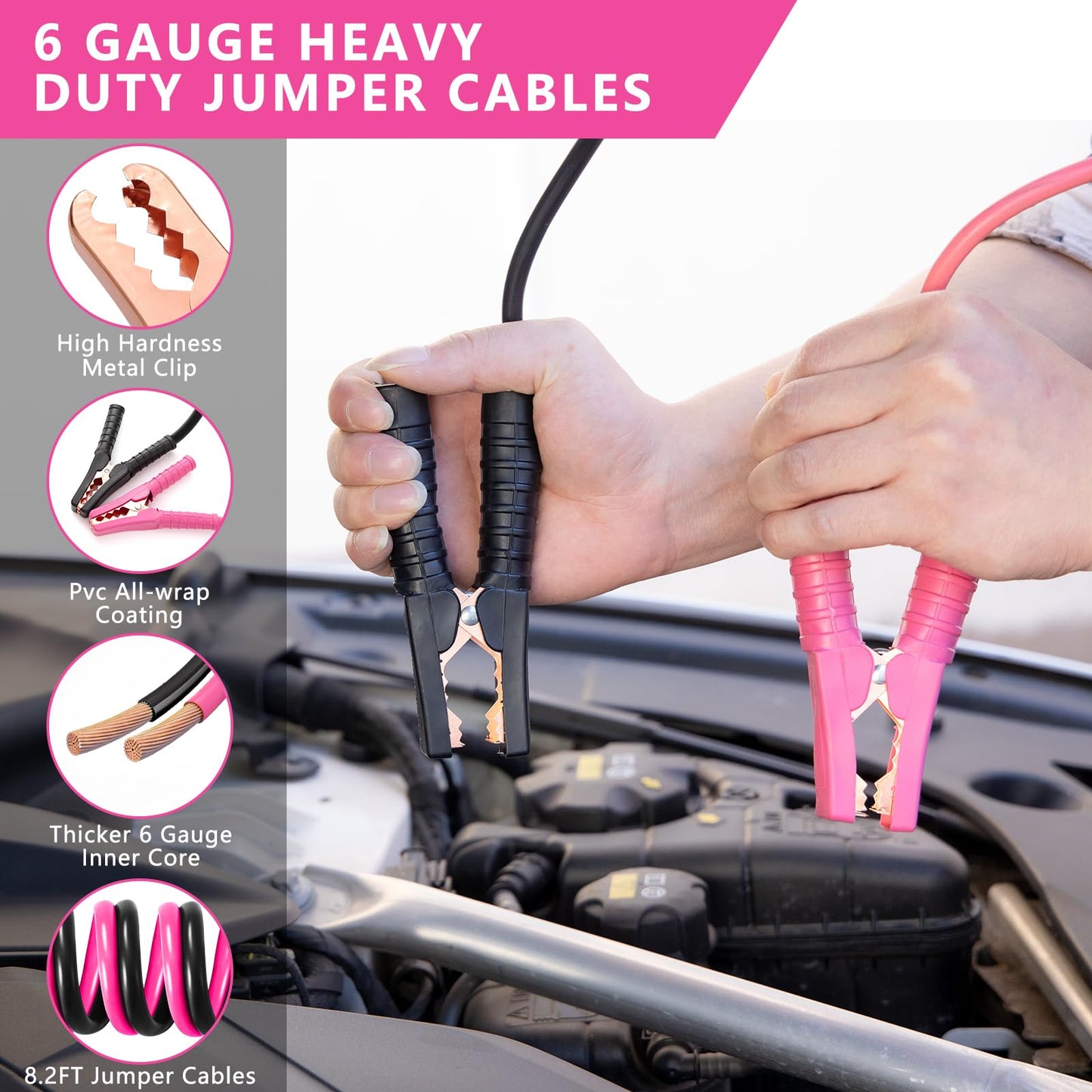 HLWDFLZ Car Emergency Kit with Portable Air Compressor - Roadside Assistance Emergency Kit with Jumper Cables, First Aid Kit, Auto Tool Set, Winter Safety Kit for Women, Men, Teen (Pink)