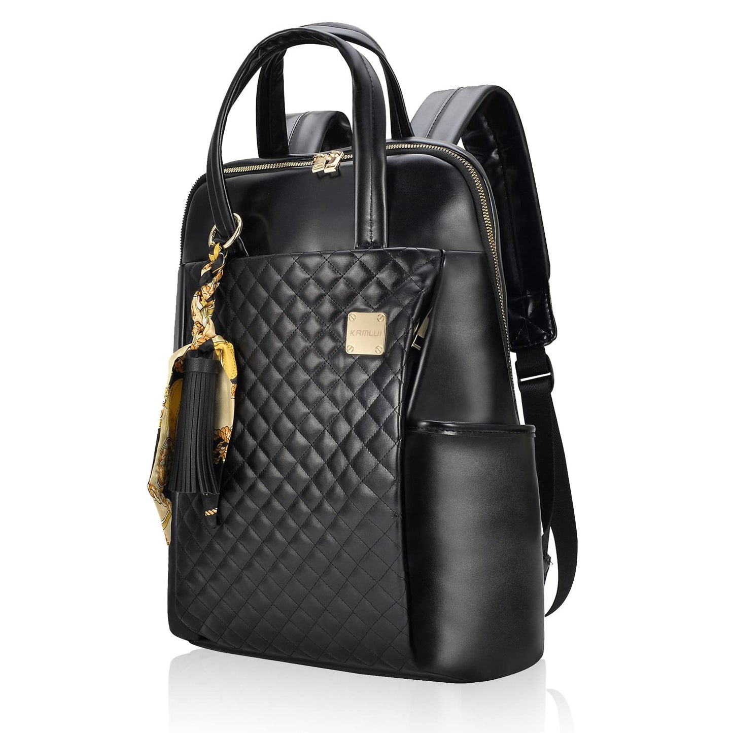 Kamlui Laptop Backpack for Women Slim Travel - Laptop Bag Computer Case Fit up to 15.6-inch Notebook Lightweight Medium Size Purse for Work Bookbag Business Fashion Stylish PU Leather Black