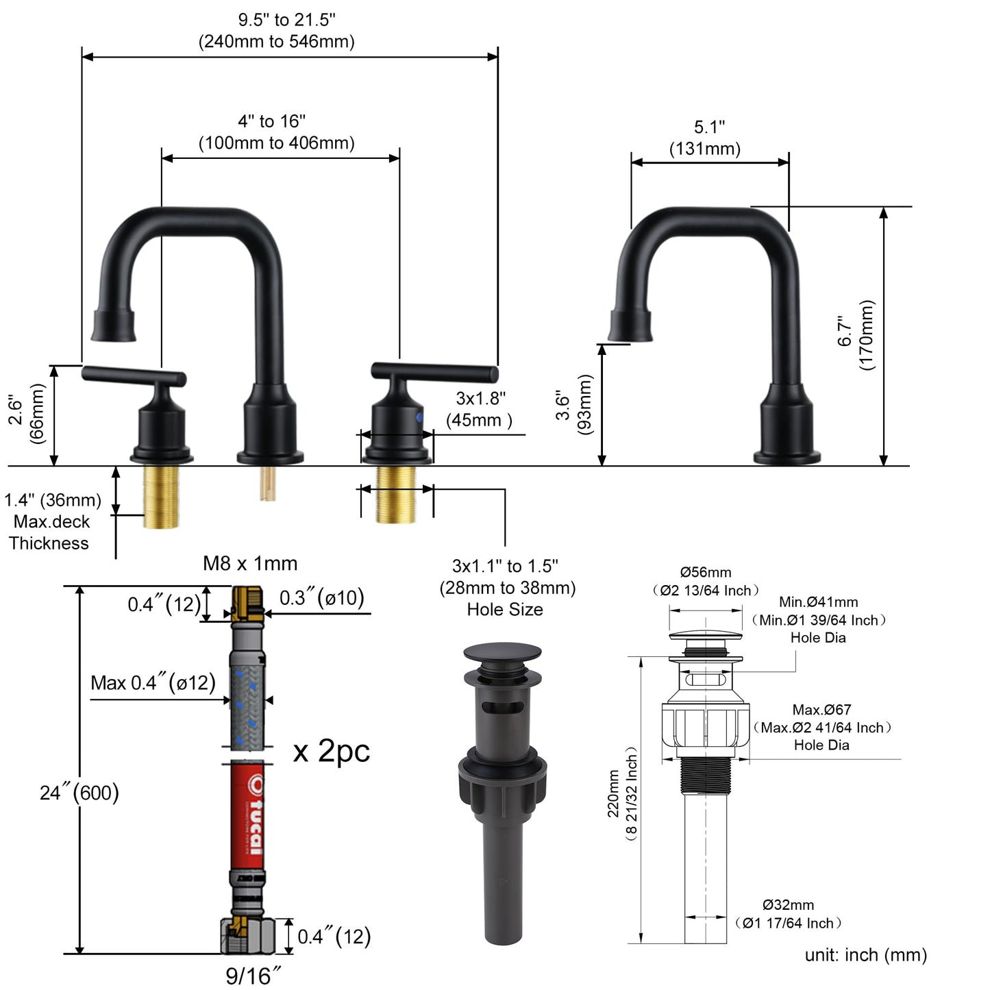 WOWOW Two Handles Widespread 8 inch Bathroom Faucet Black 3 Pieces Basin Faucets 360 Degree Swivel Spout Lavatory Sink Faucet
