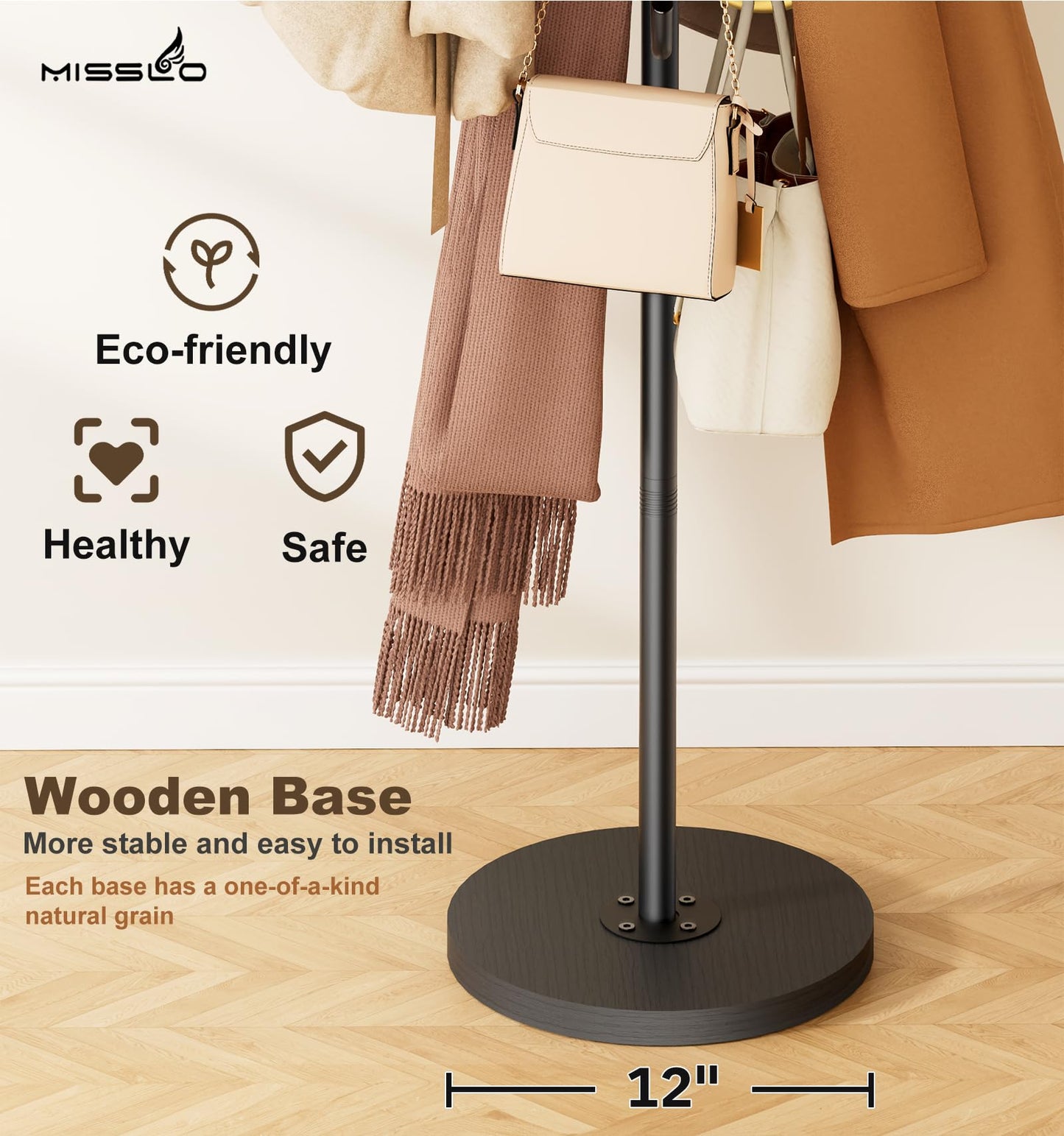 MISSLO Heavy Duty Coat Rack Freestanding with Stable Wood Base Metal Coat Tree with 12 Hooks Coats Hanger Stand Adjustable Clothes Tree for Jackets, Hats, Bags Standing Purse Rack for Bedroom, Office