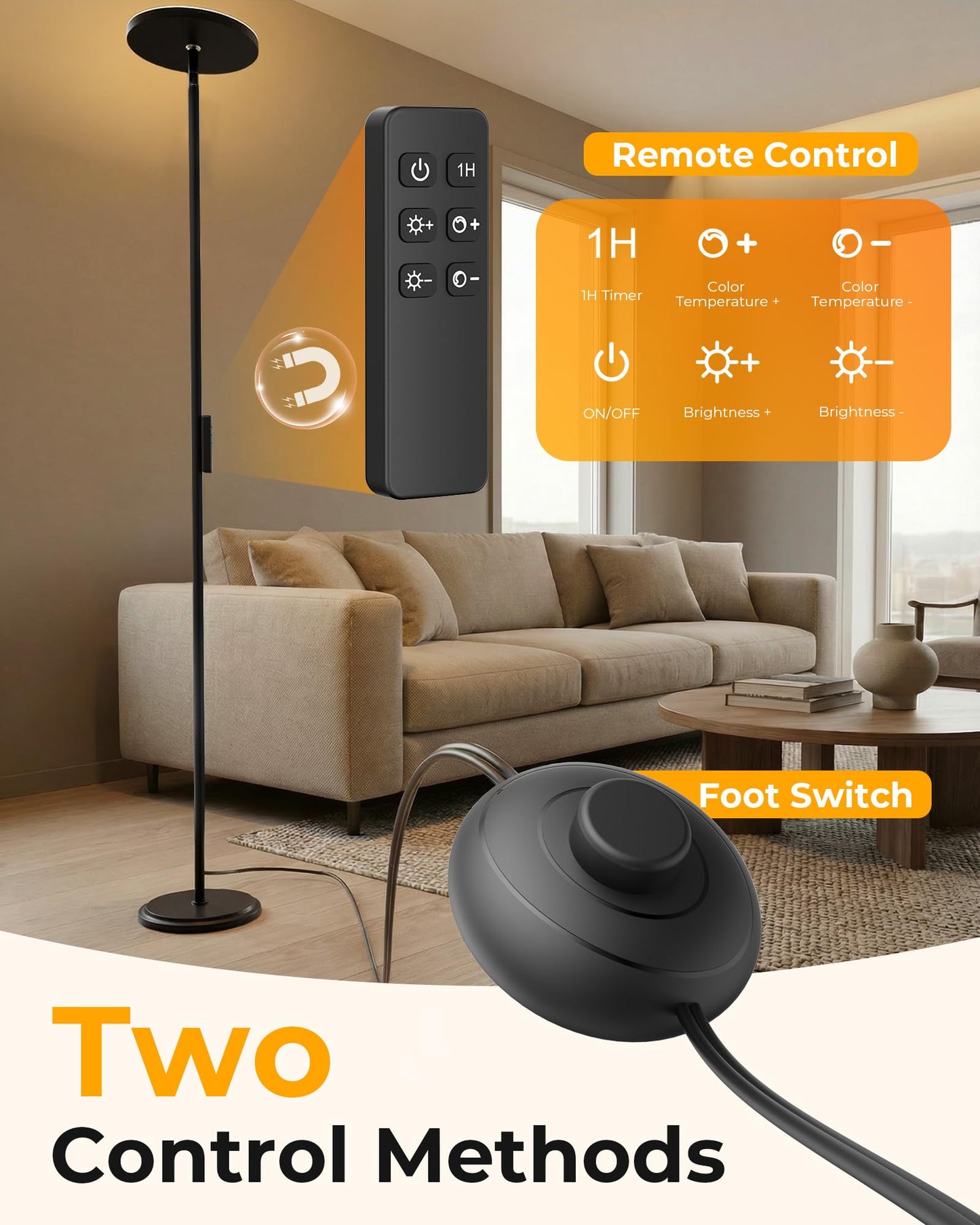 Natapai Floor Lamps for Living Room, 69" Tall LED Lamp, 2800LM Standing Lamp Remote & Foot Switch with 1H Timer, 2700-6500K Stepless Dimmable Modern Pole Light for Bedroom, Reading, Black