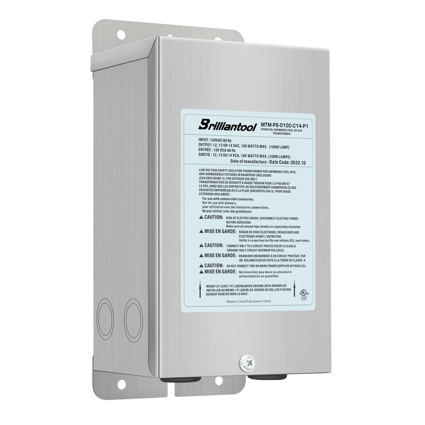 BRILLIANTOOL 100W Stainless Steel Casing Pool Light Transformer, Convert 120VAC to 12V/13V/14V AC Multi-tap, Weatherproof Transformer, Intended for Pool/Spa Lights and Landscape Lighting (100, Watts)