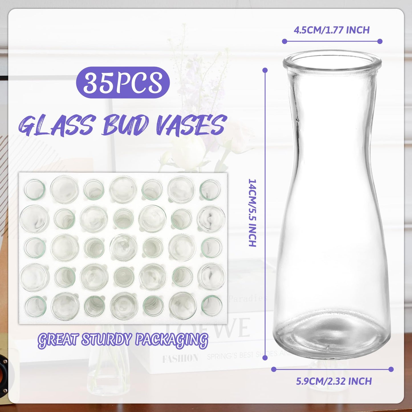 35 PCS Glass Bud Vases for Centerpieces, 5.5" Clear Small Flower Vases, Modern Minimalist Cute Mini Decorative Bulk Vases for Decor Wedding Birthday Party Home Living Room