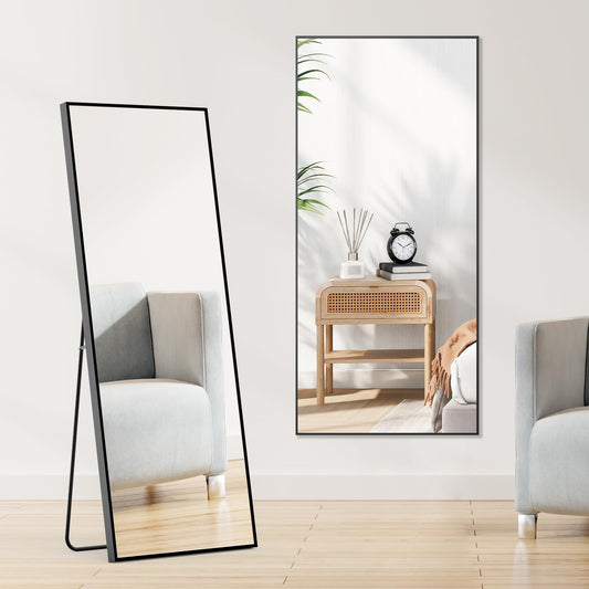 DUMOS Full Length Mirror 64"x21" Full Body Floor Mirrors for Bedroom or Cloakroom, Can Stand Alone, Hang or Lean Against Wall, Tall Wall Mirror with Stand, Black