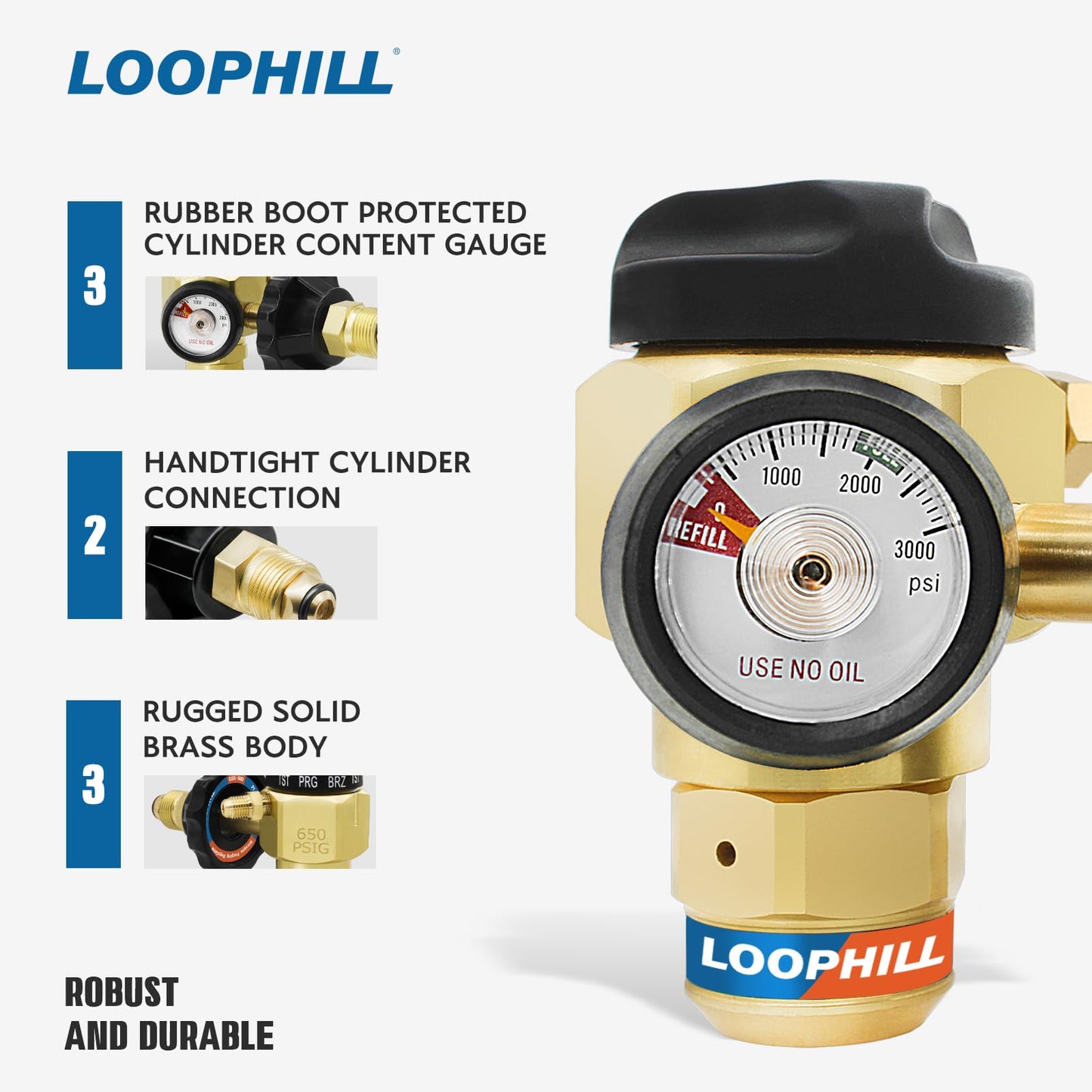 LOOPHILL VN-650 Nitrogen Purging Regulator w/650PSI - 4-Position Flow Control (TST/PRG/BRZ/OFF), Heavy-Duty Brass Body for Leak Testing & Welding Protection