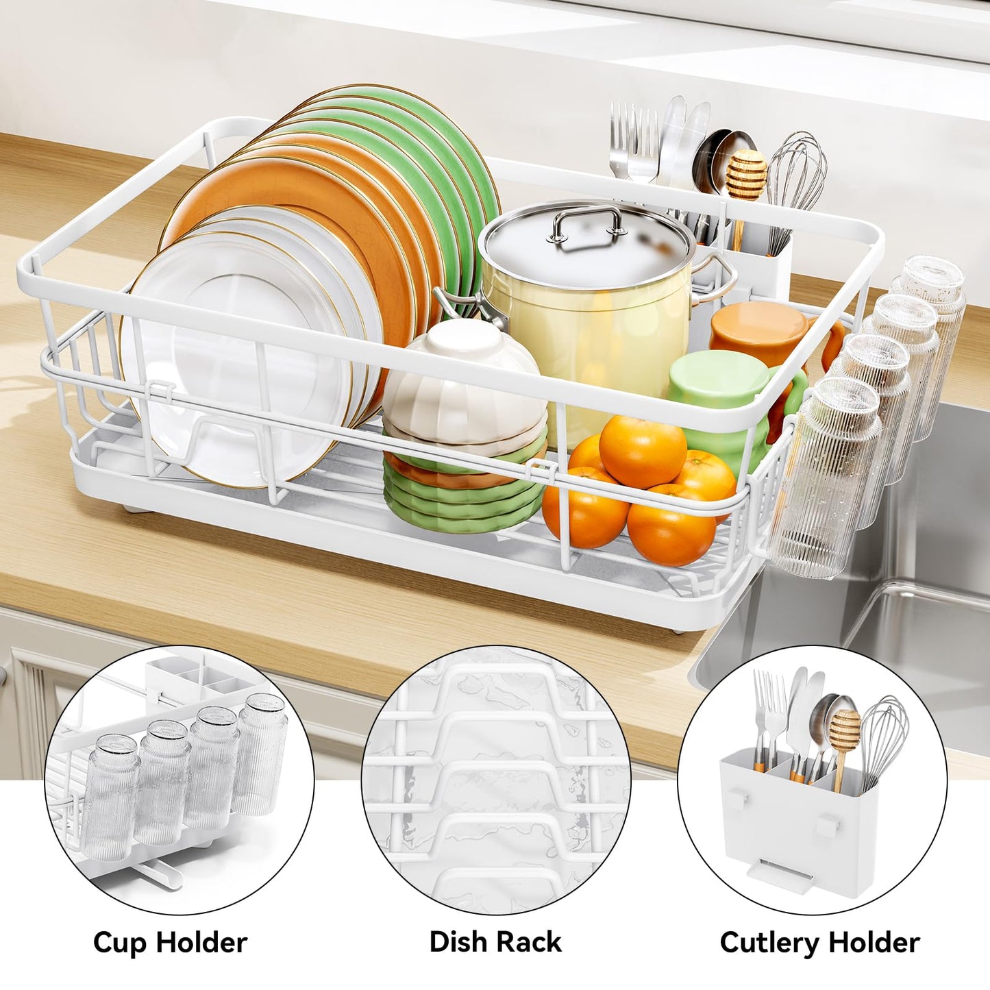 TOOLF Dish Drying Rack, Dish Racks for Kitchen Counter, Stainless Steel Sink Organization and Storage Essentials with Cutlery Holder, Dish Drainer, Home and Appartment Decor, 12.4''W x 16.5''L, White