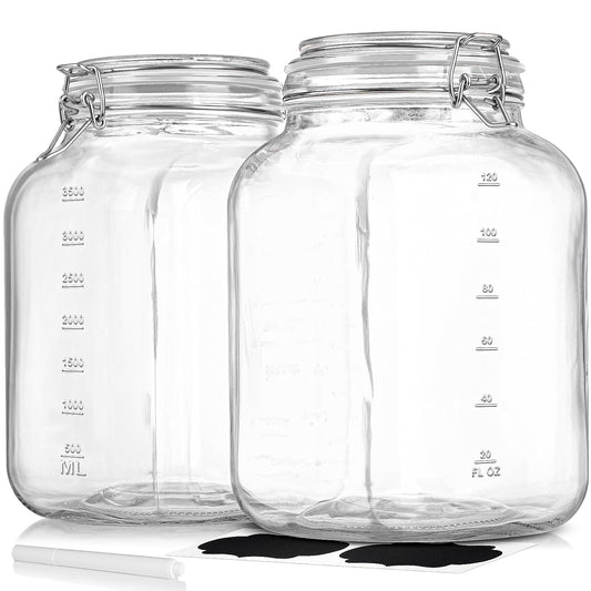 2 Pack 1 Gallon Square Super Wide-Mouth Glass Jars with Airtight Lids - Glass Storage Jars with 2 Measurement Mark - Canning Jars with Large Capacity, Sturdy For Canning, Overnight Oats, 4200 ML