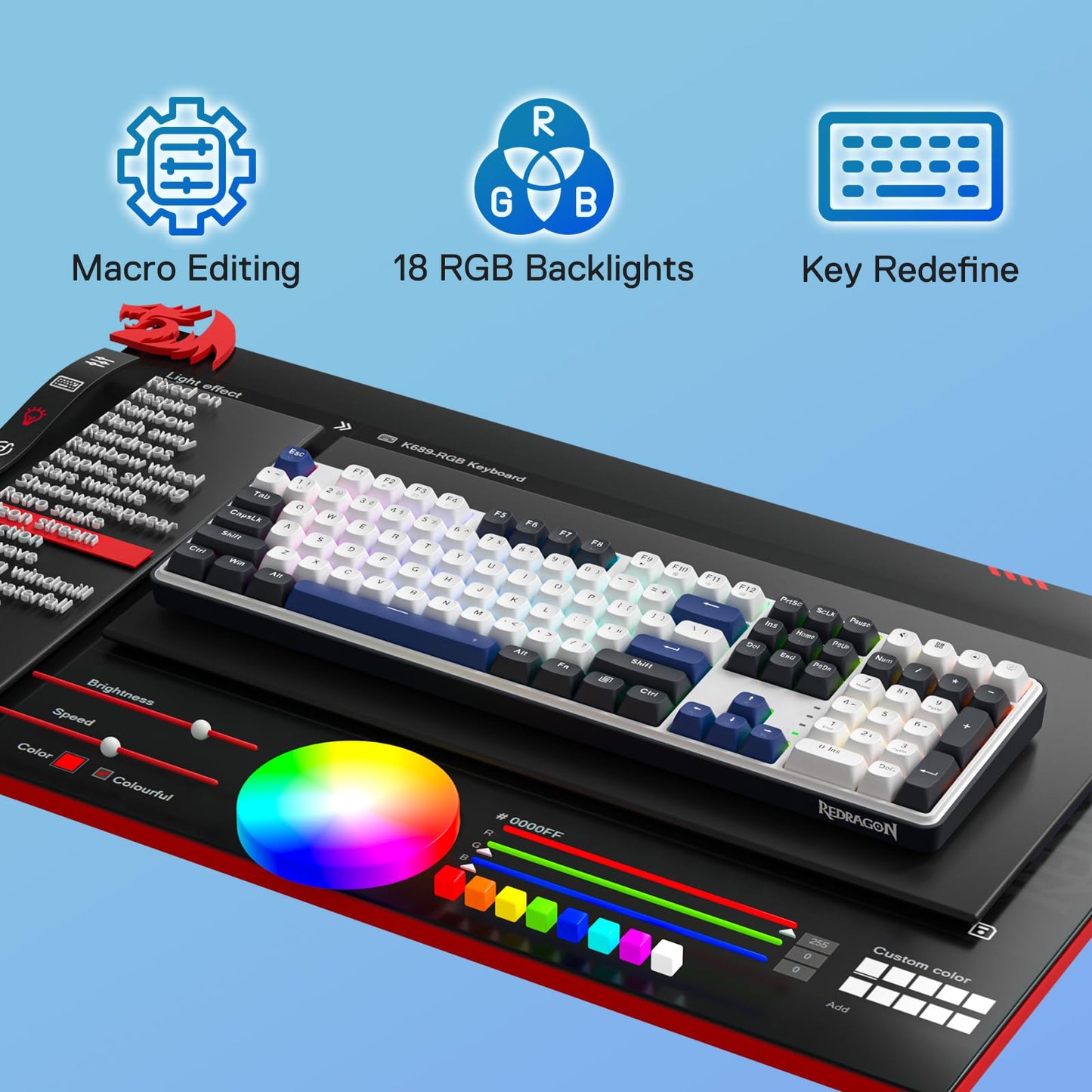 Redragon K689 Wired Gasket RGB Gaming Keyboard, 104 Keys + Extra 4 Hotkeys Mechanical Keyboard w/Upgraded Hot-swappable Socket, 3-Layer Noise Dampening, Mixed Color Keycaps, Custom Linear Switch