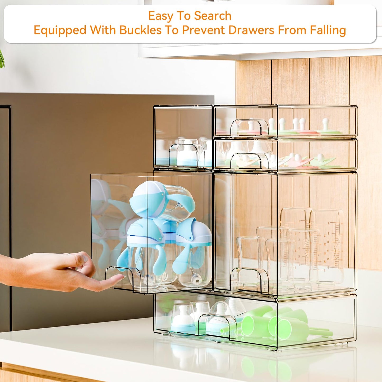 Yieach 6 Set Clear Baby Bottle Organizer for Countertop,BPA FREE Bottle Station Organizer for Breast Pump Parts,Pacifier and Baby Accessories,Stackable Drawers for Bathroom,Cabinet,Pantry Organization
