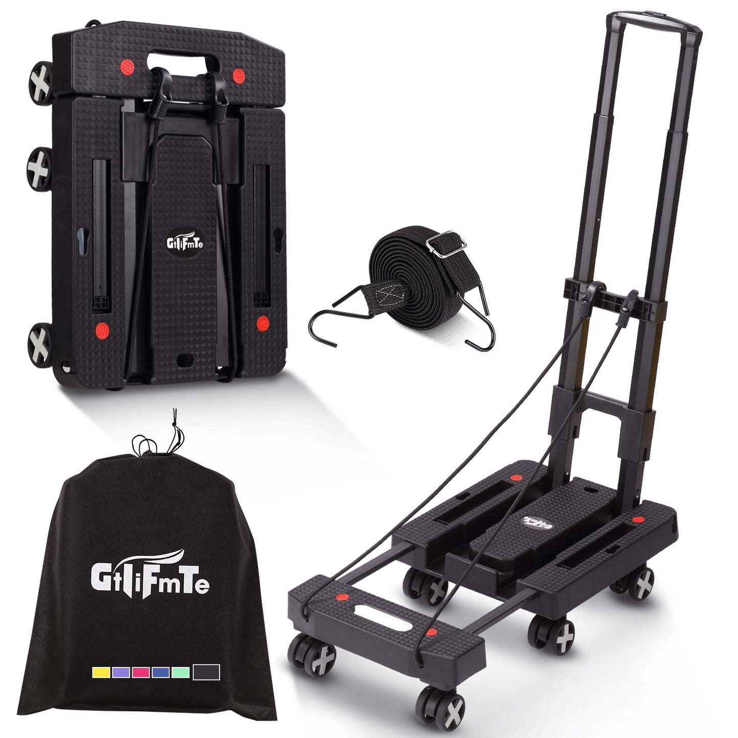 Folding Hand Truck Lightweight Hand Truck Dolly Foldable,Luggage cart with 6 Rotate Wheels, Utility Cart with Adjustable Handle,Collapsible Dolly for Moving (Black)