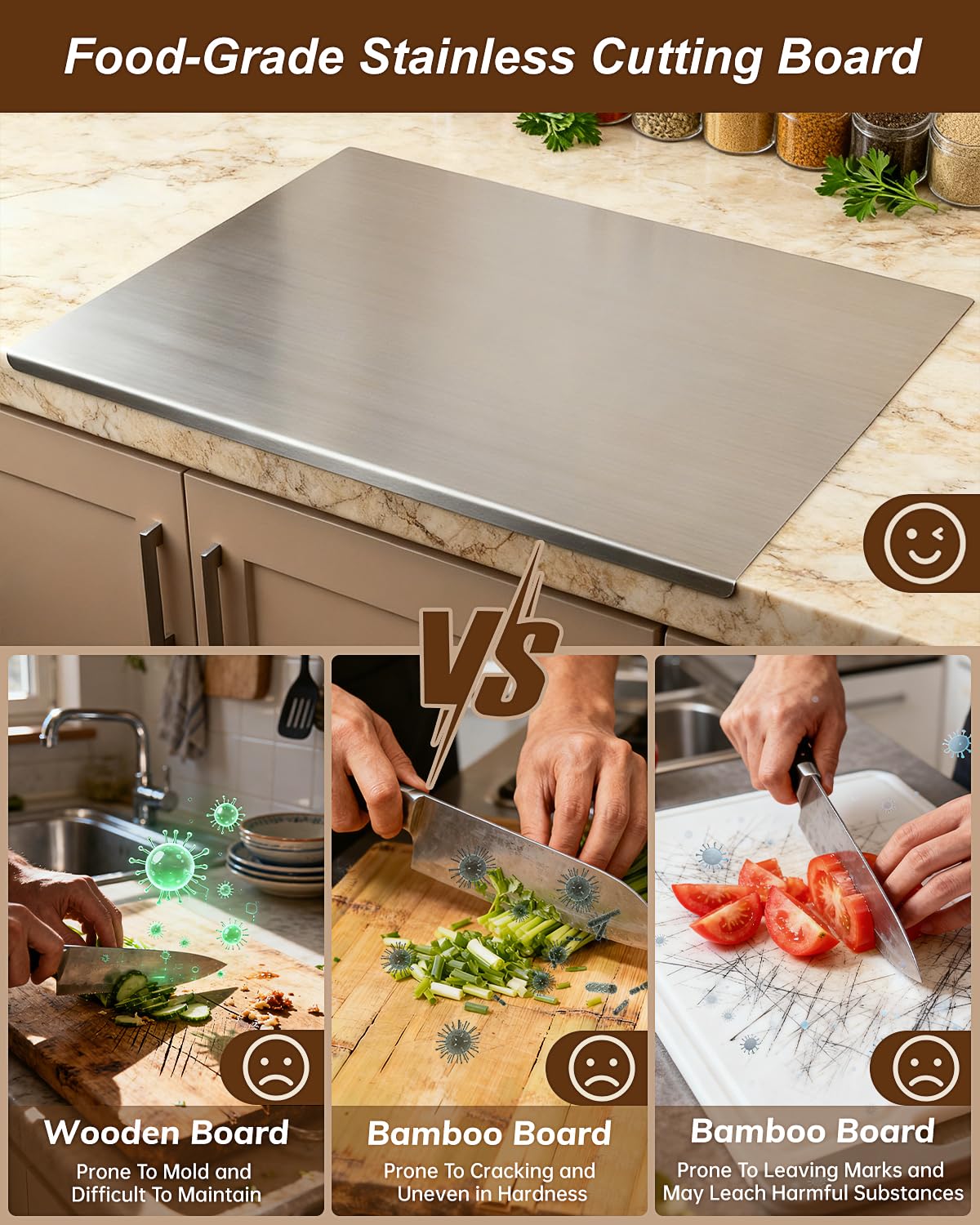 GVUHR 304 Stainless Steel Cutting Board for Kitchen- Large L-Shaped Bread Board,Double-Sided Chopping Board for Baking,Non Adhesive Bread Cutting Board (Medium)