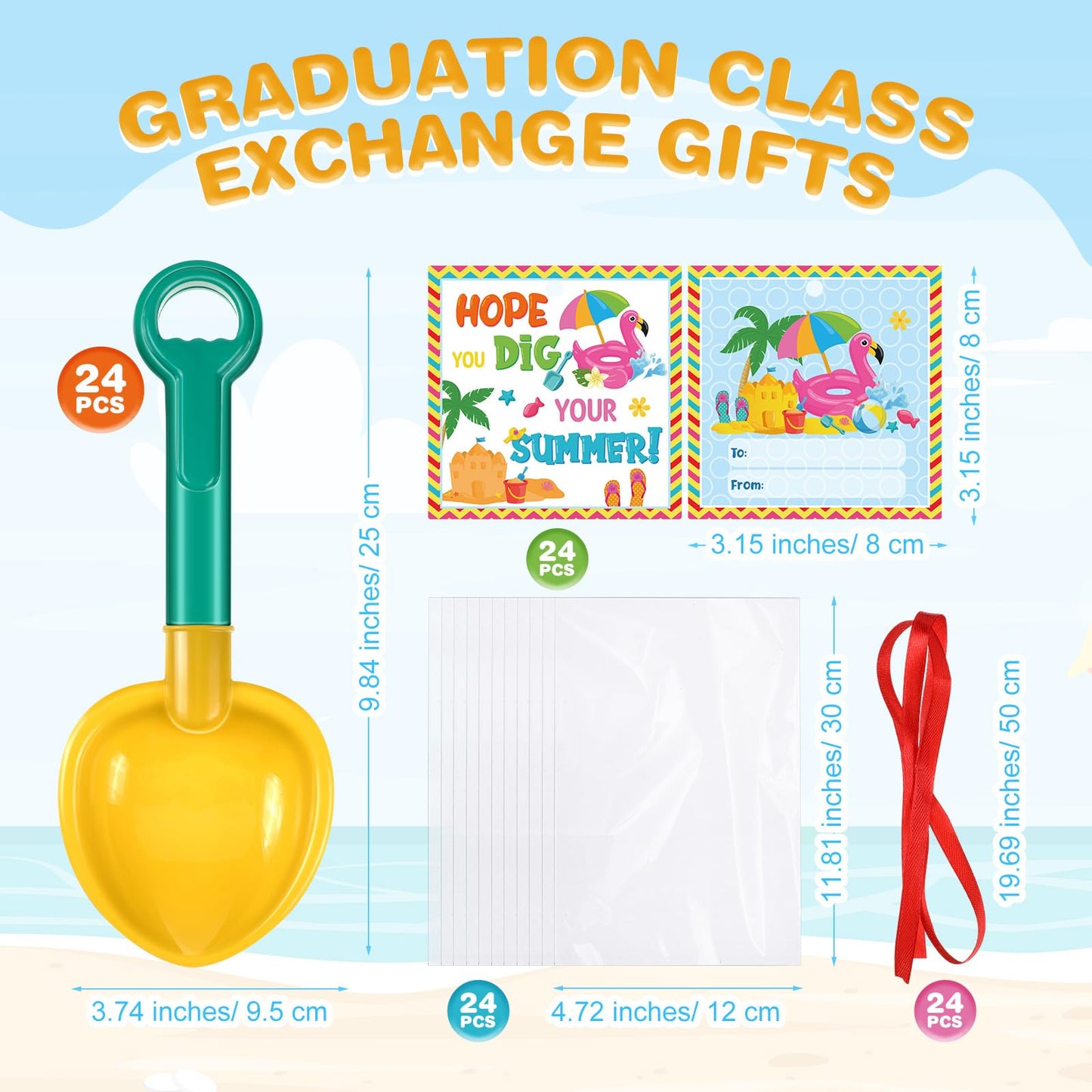 Capoda 24 Set Graduation Plastic Shovels with Graduation Gift Cards Red String Candy Bags Grad Dig Your Summer Gifts for Boys and Girls Classroom Exchange Prizes 2024 Graduation Party Favor Supplies