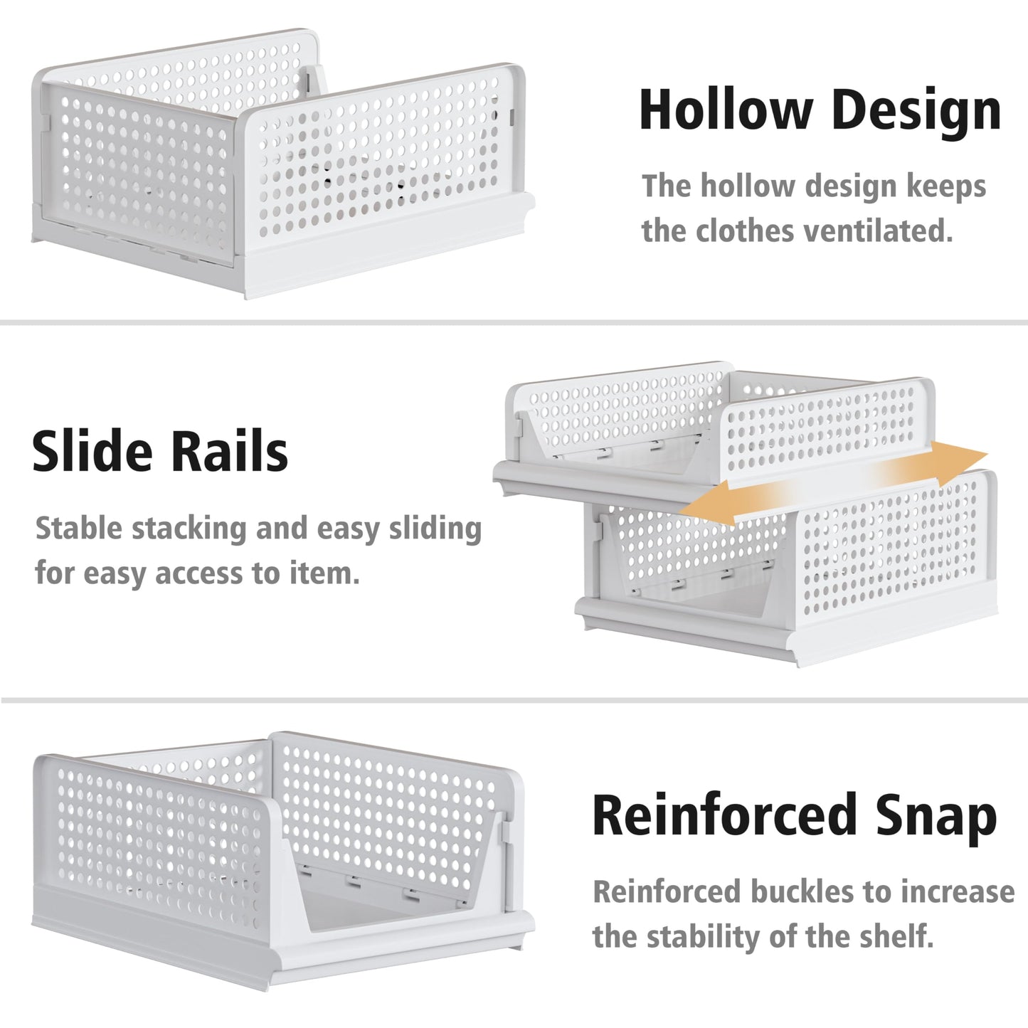Proarea 5 Pack Stackable Plastic Storage Basket Closet Organizer Bin Foldable Clothes Organizer Storage Drawer Shelf Container for Living room Bathroom Kitchen Office (3L+2S), White, YG-3L2S