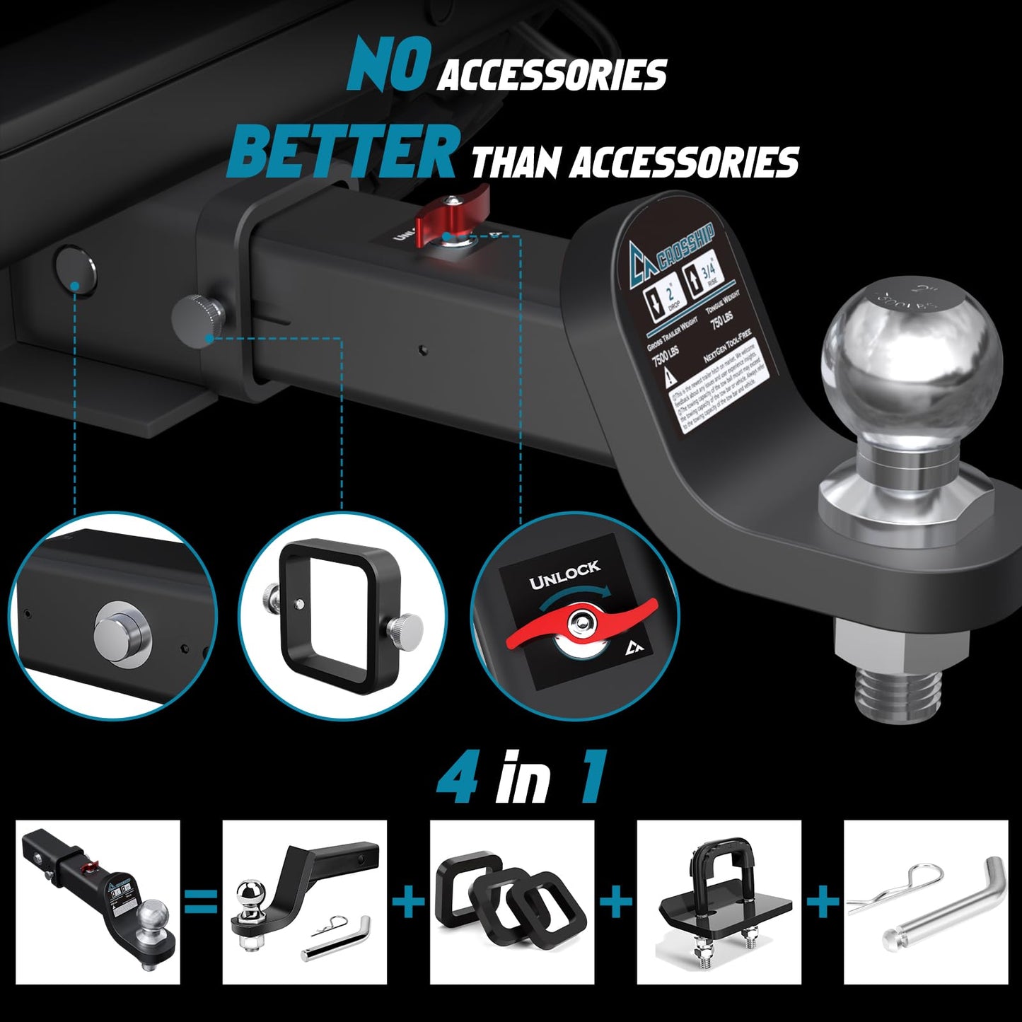 CROSSHIP No-accessory Trailer Ball Mount Hitch - Fits 2'' Receiver, 2'' Drop Ball Mount, Solid Dual Ball 2" Tow Hitch 7500 LBS GTW Heavy Duty Truck with Pin for SUV, Truck, RV, ATV