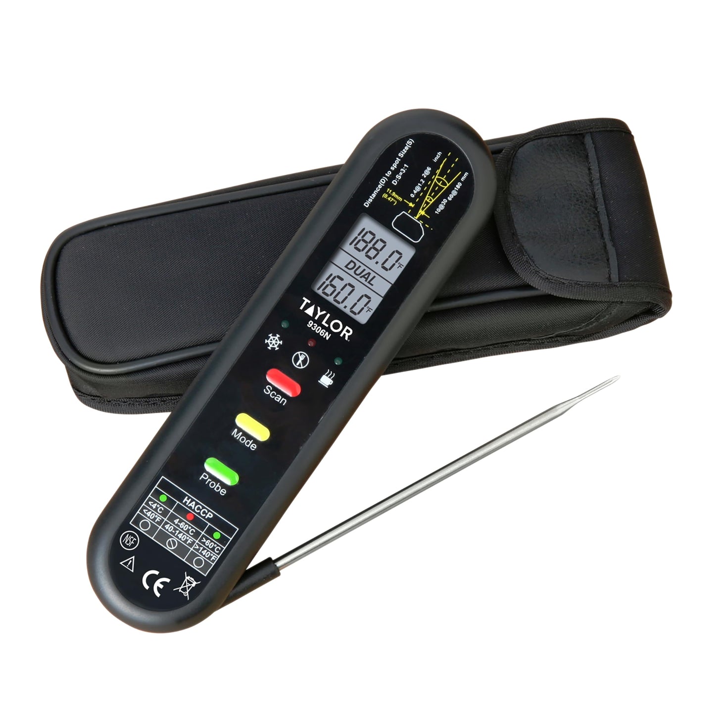 Taylor Dual Temp Infrared Thermocouple Thermometer, Multi-Functional Infrared Mode, Dual Line LCD, HOLD, Min/Max; Step Down Probe, Water Resistant, Black