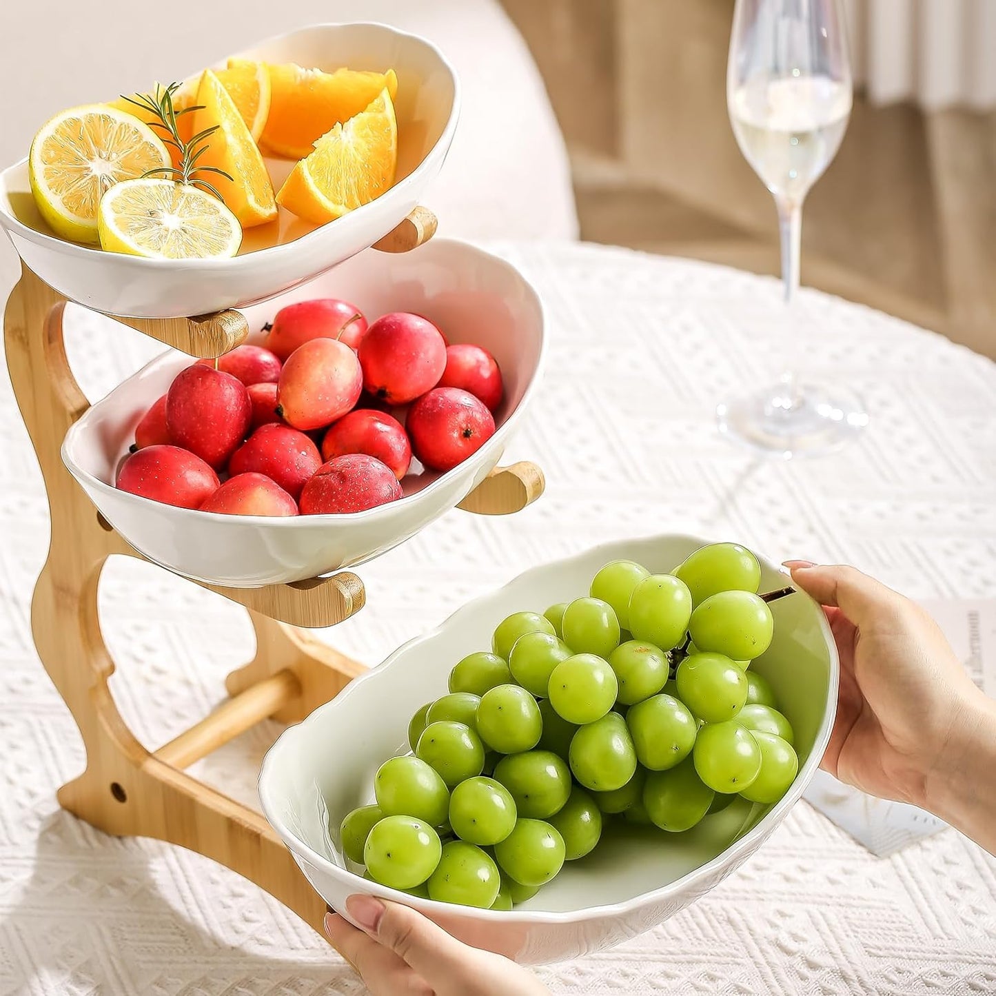 HOMKULA 3 Tier Ceramic Fruit Bowl for Kitchen Counter - Decorative Tiered Fruit Basket Holder Stand Organizer for Kitchen Countertop (White)