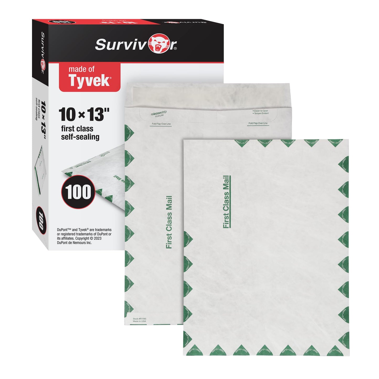 Quality Park Tyvek Envelopes, 100 Pack, Large 10 x 13 Envelopes, First Class Border, Easy-to-Open Tamper Evident Pull Strip, Rip, Puncture & Water Resistant Self Sealing Mailing Envelopes, White